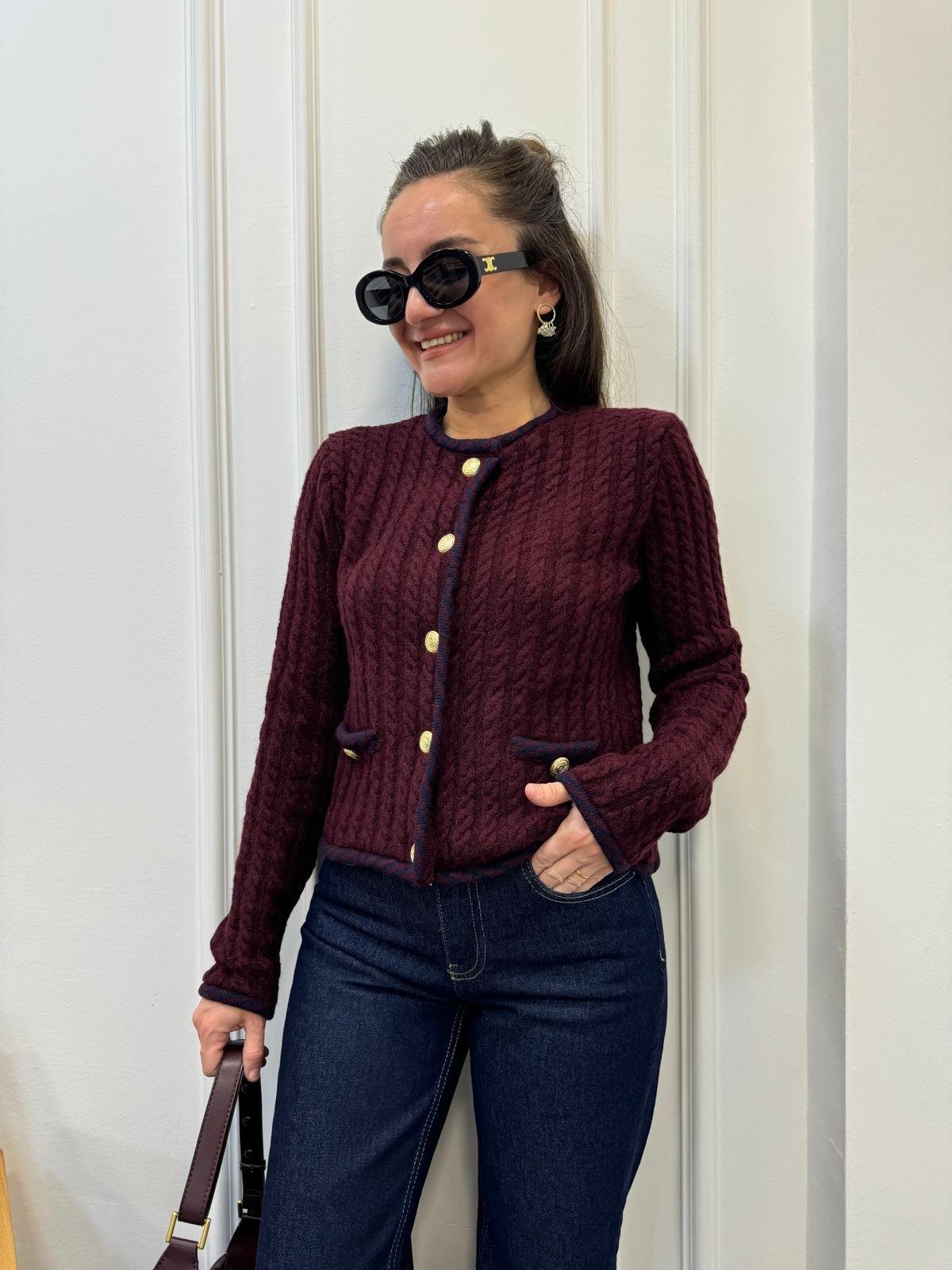 Bordo Biyeli Saç Örgü Triko Hırka 241083