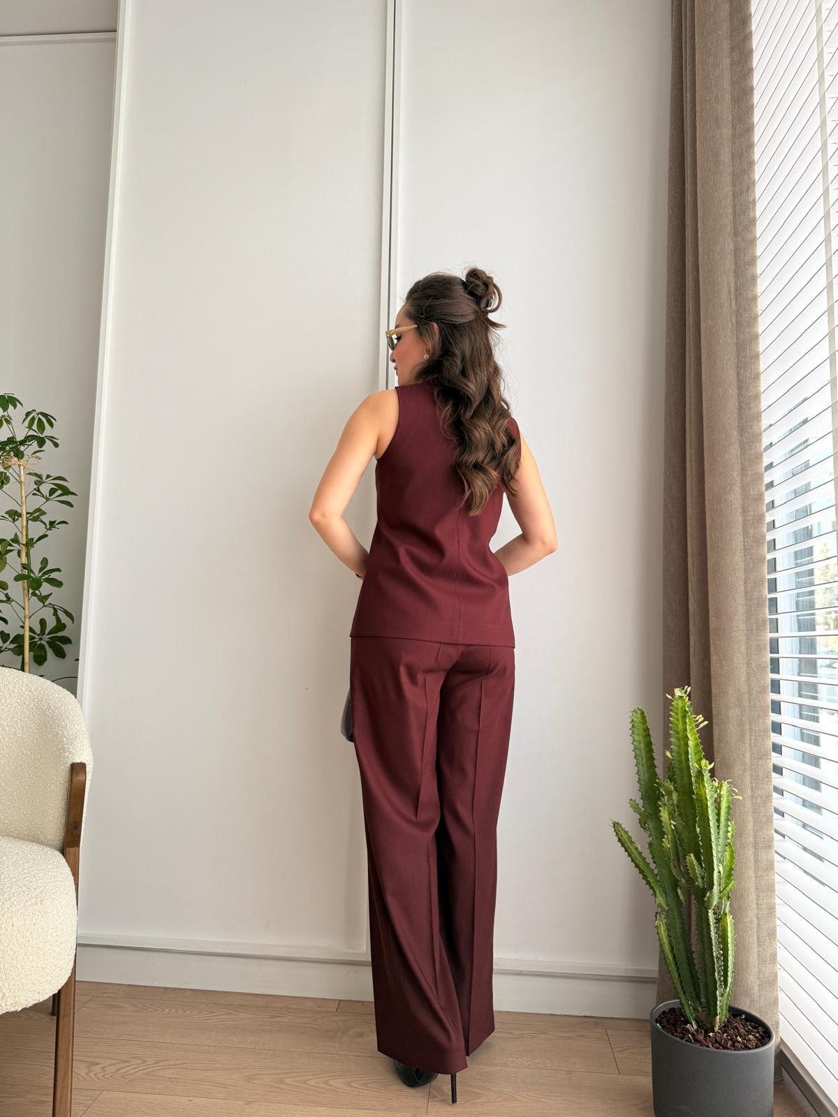Bordo Bronş Düğmeli Tasarım Yelek Pantolon Takım 8544