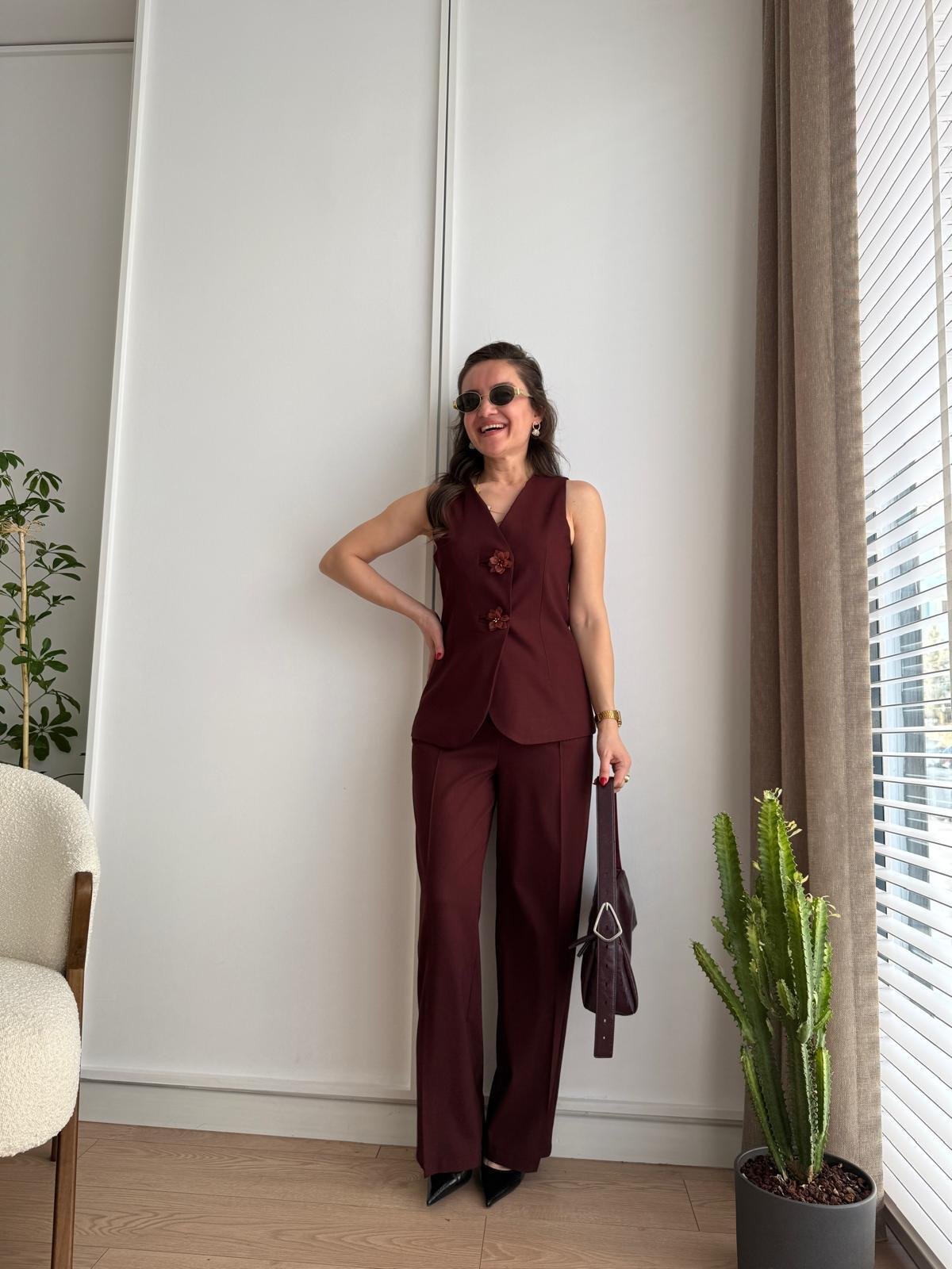 Bordo Bronş Düğmeli Tasarım Yelek Pantolon Takım 8544