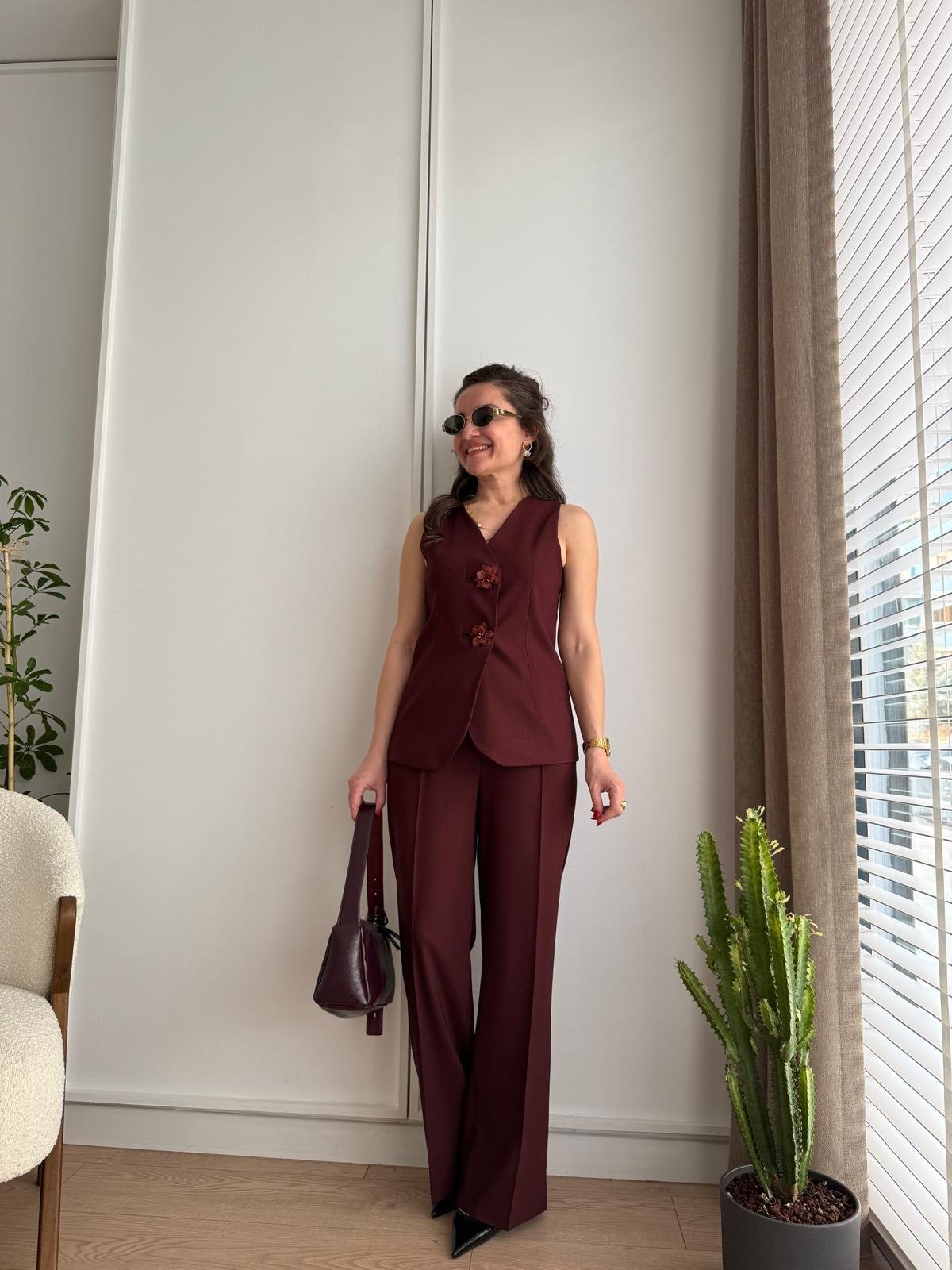 Bordo Bronş Düğmeli Tasarım Yelek Pantolon Takım 8544