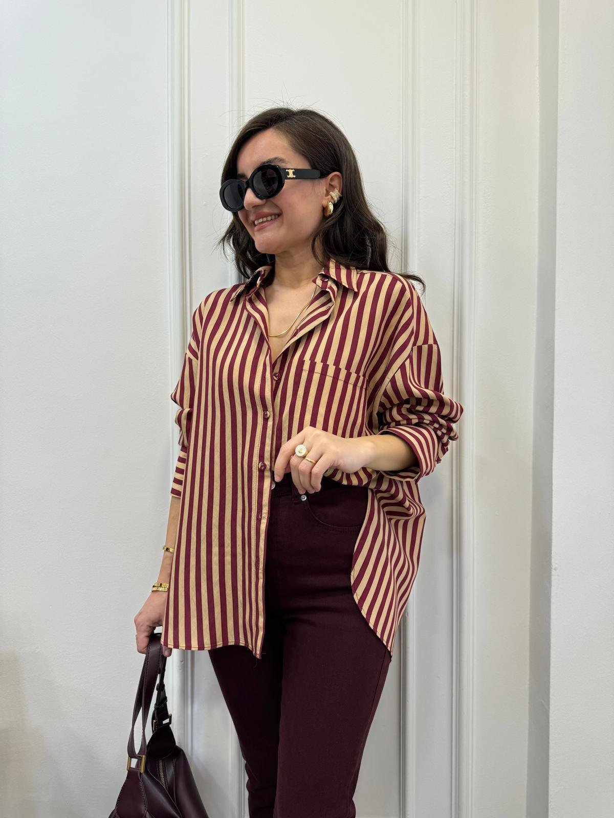 Bordo Camel Çizgili Gömlek 4969