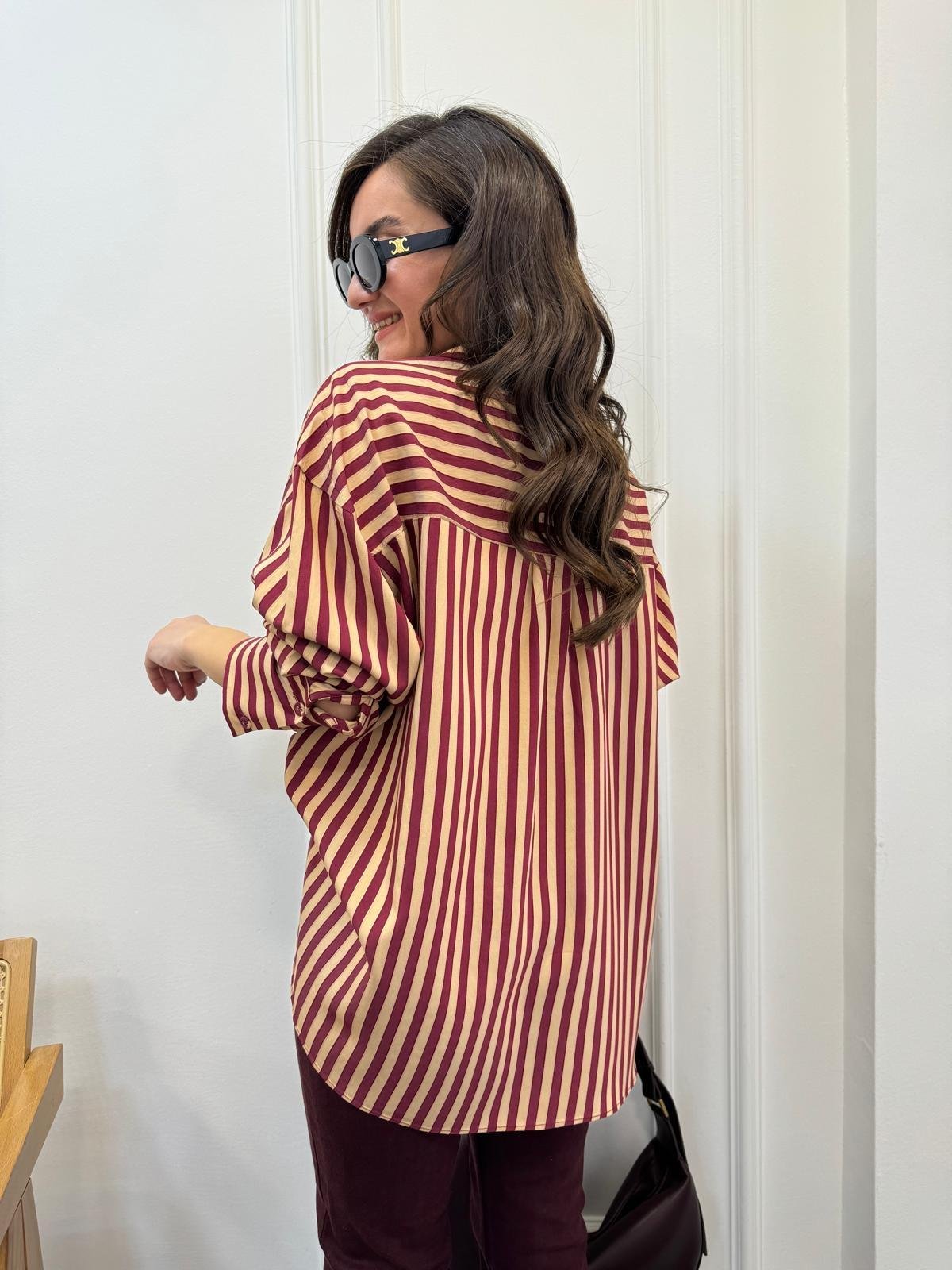 Bordo Camel Çizgili Gömlek 4969