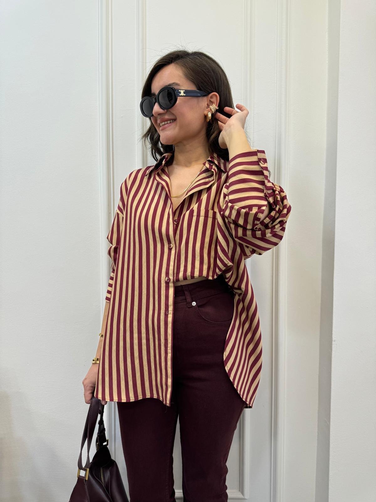 Bordo Camel Çizgili Gömlek 4969