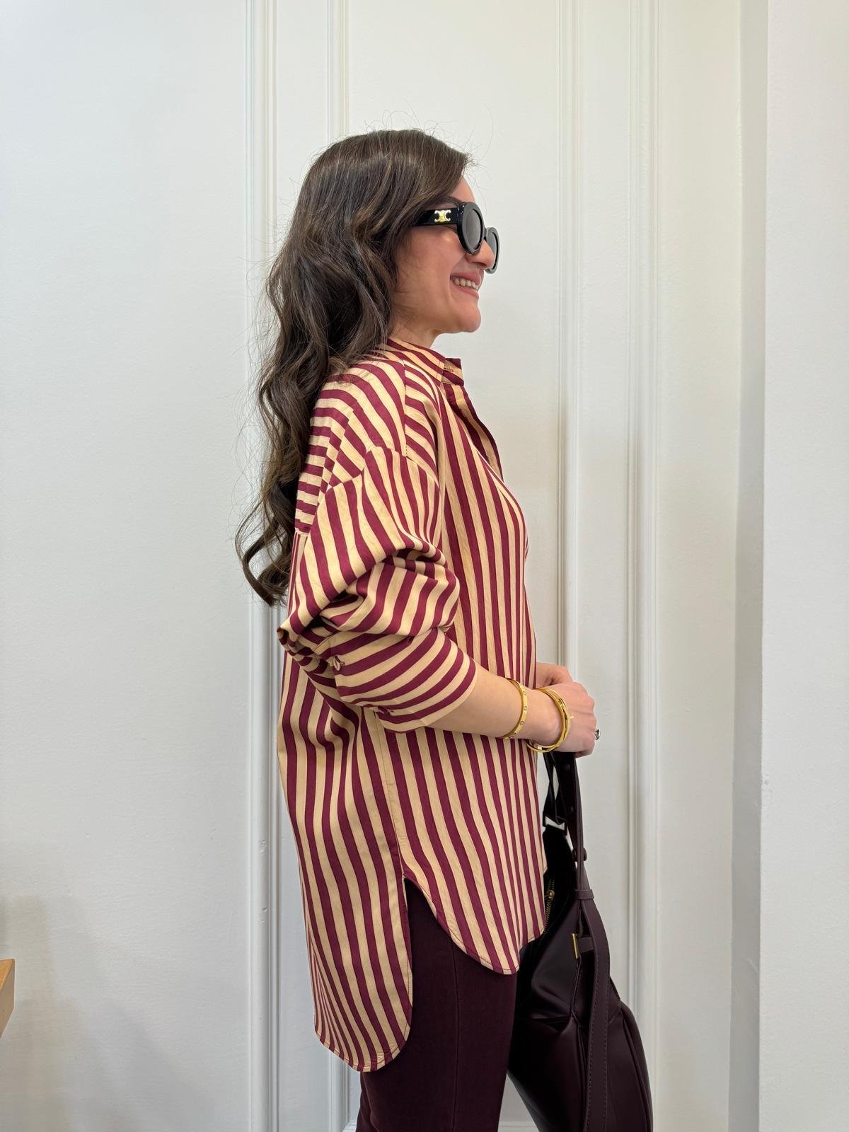 Bordo Camel Çizgili Gömlek 4969