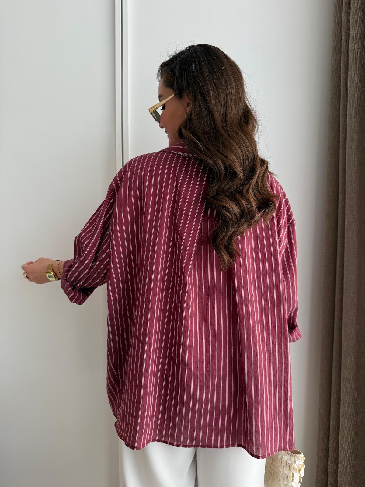 Bordo Çizgili Oversize Gömlek 5320