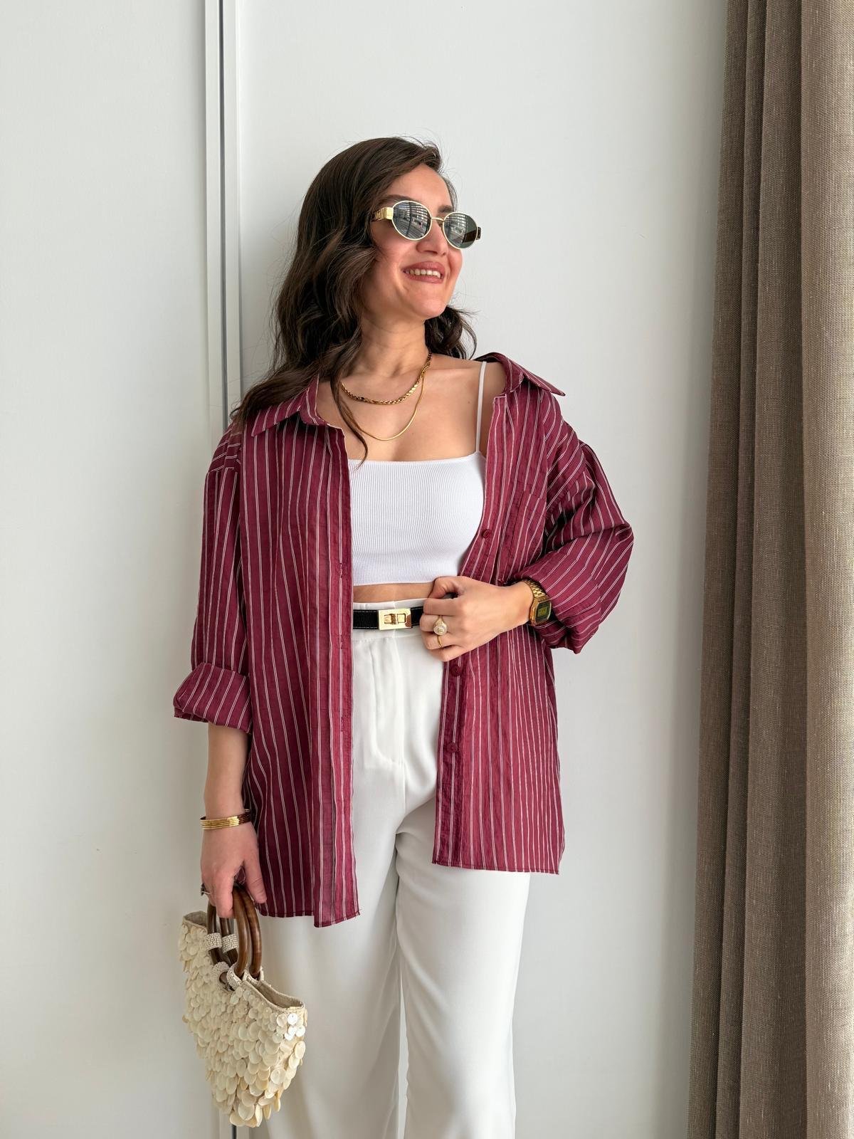 Bordo Çizgili Oversize Gömlek 5320