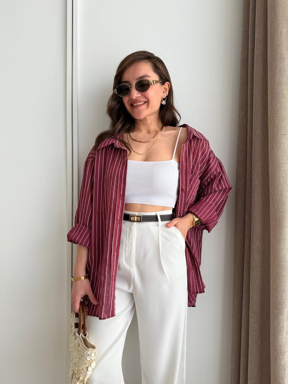 Bordo Çizgili Oversize Gömlek 5320