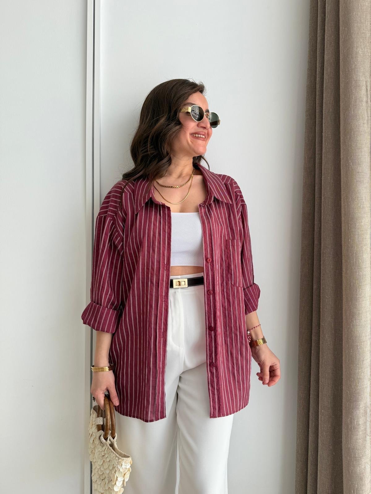 Bordo Çizgili Oversize Gömlek 5320