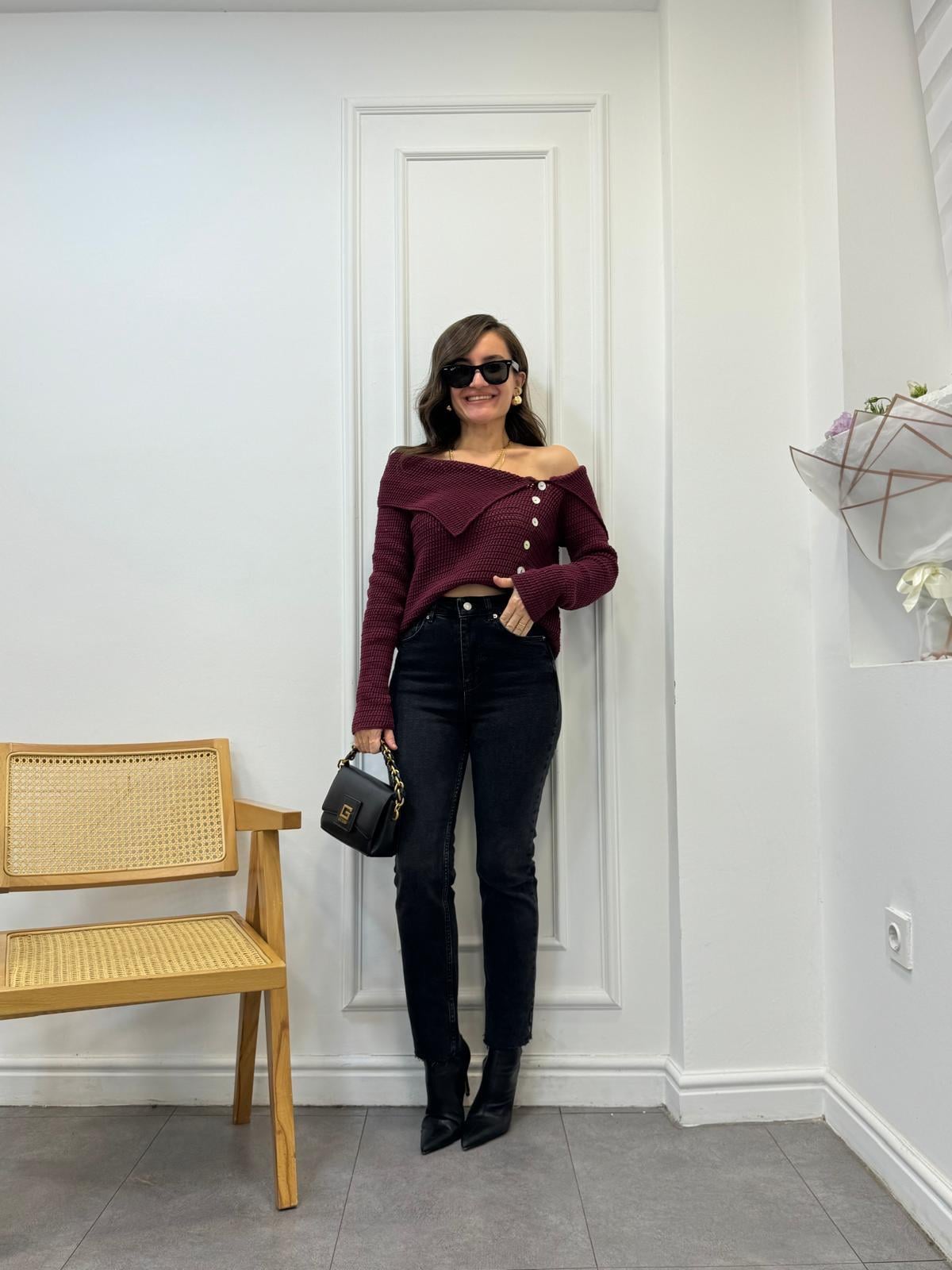 Bordo Degaje Yaka Düğmeli Kazak 241151