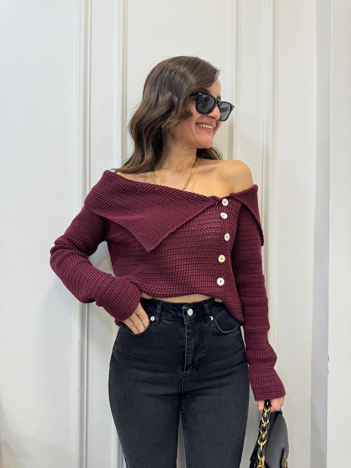 Bordo Degaje Yaka Düğmeli Kazak 241151