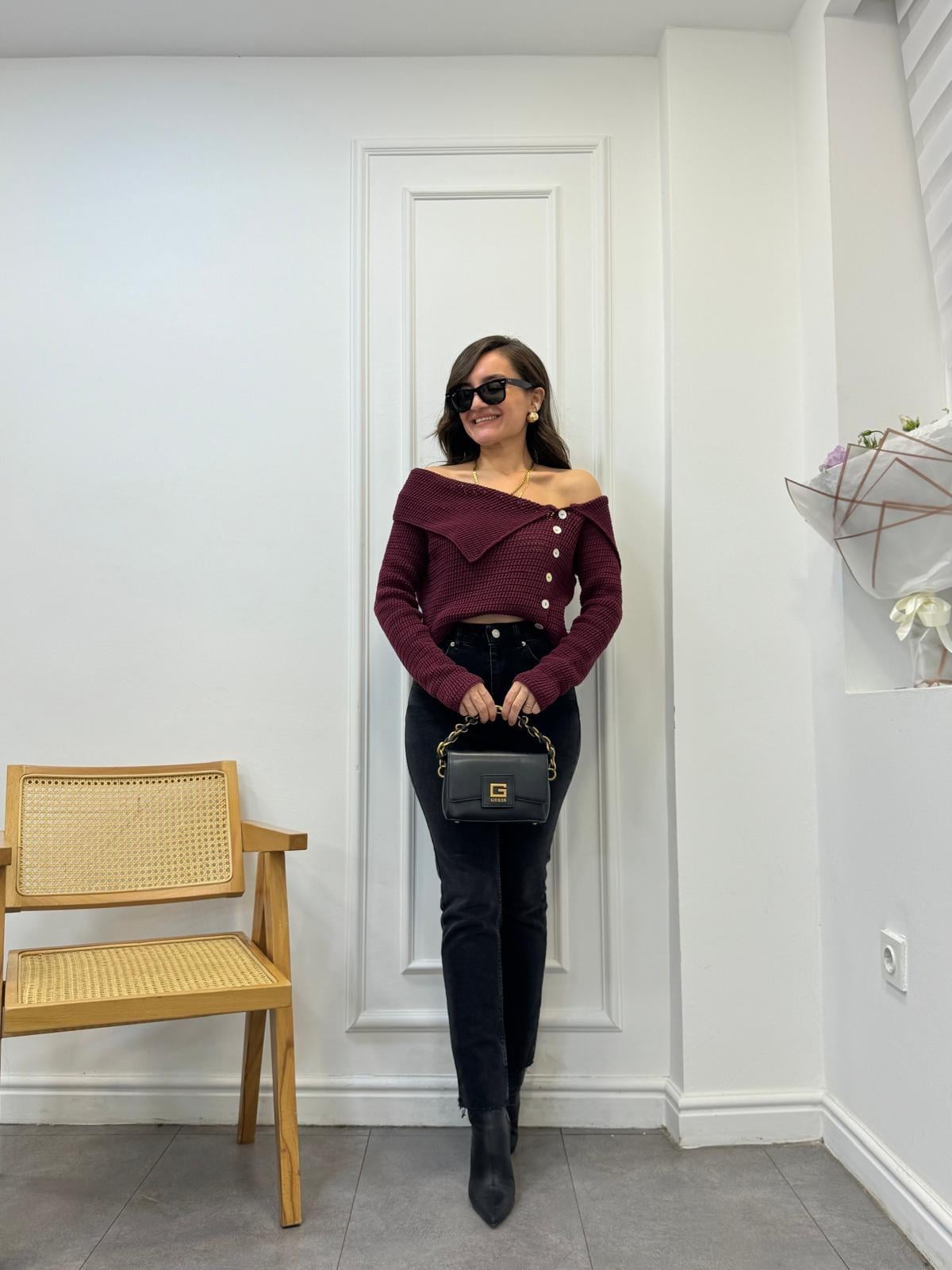 Bordo Degaje Yaka Düğmeli Kazak 241151