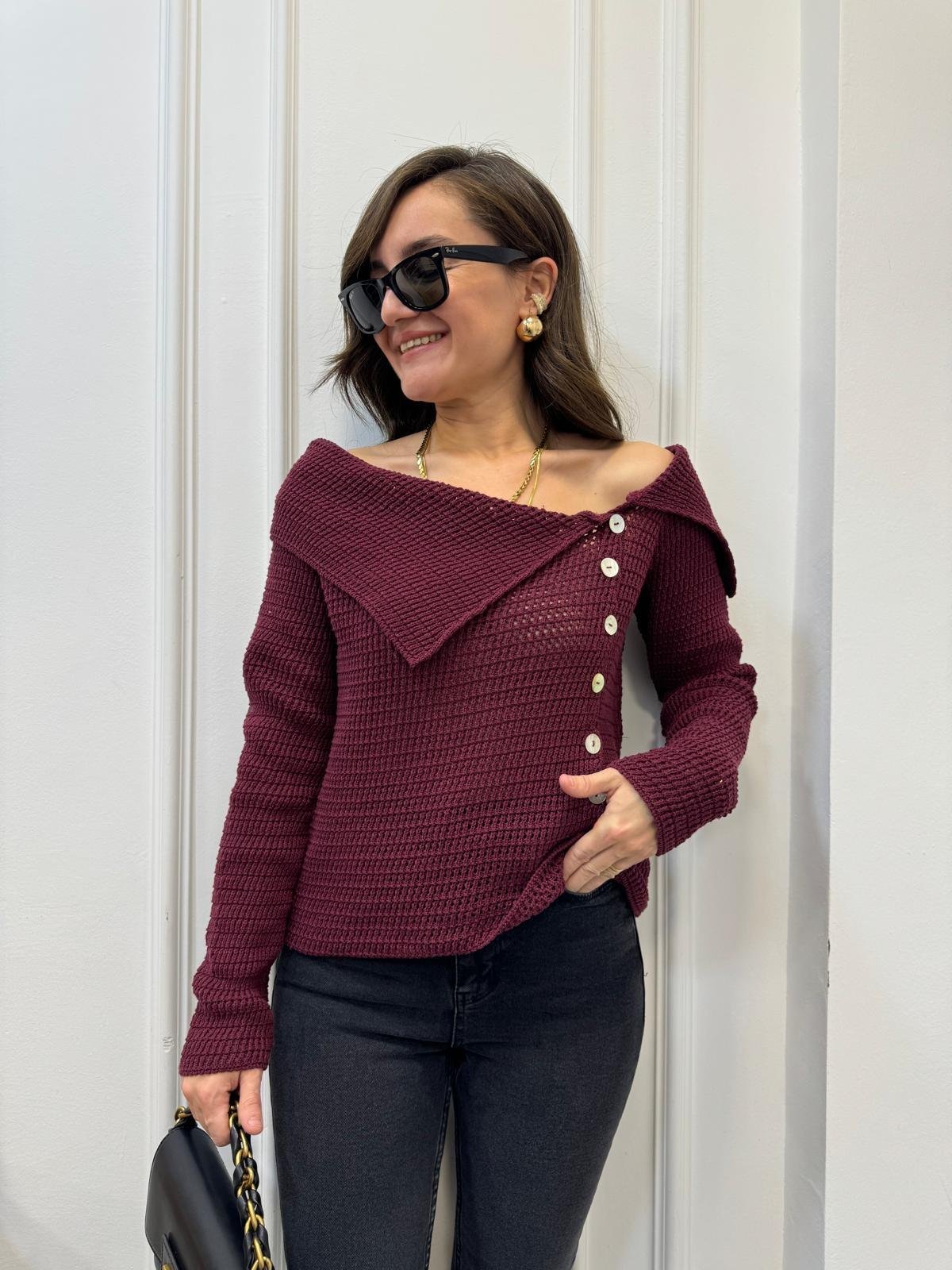 Bordo Degaje Yaka Düğmeli Kazak 241151