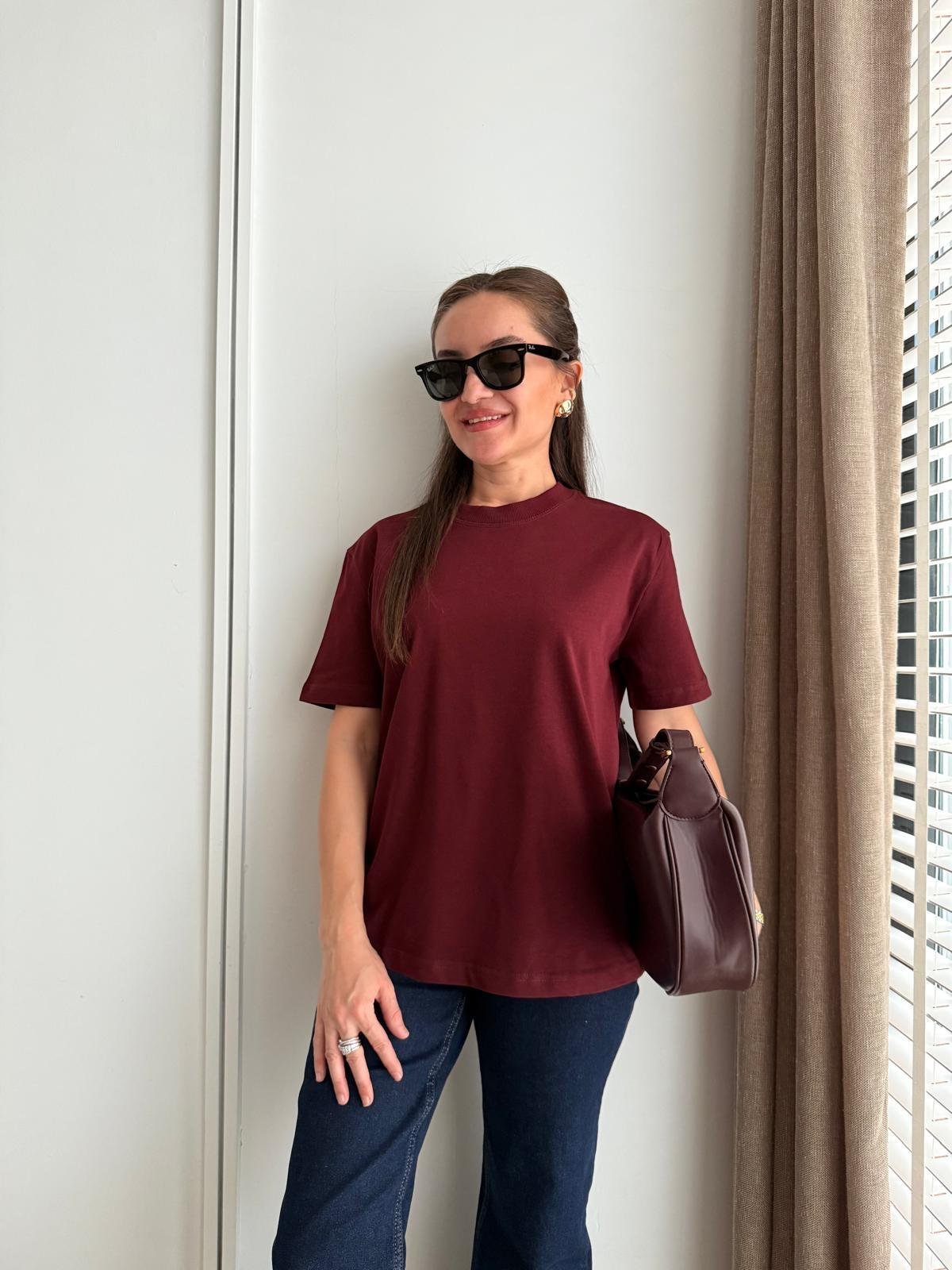 Bordo Dekoratif Dikişli Bisiklet Yaka Tişört 30312