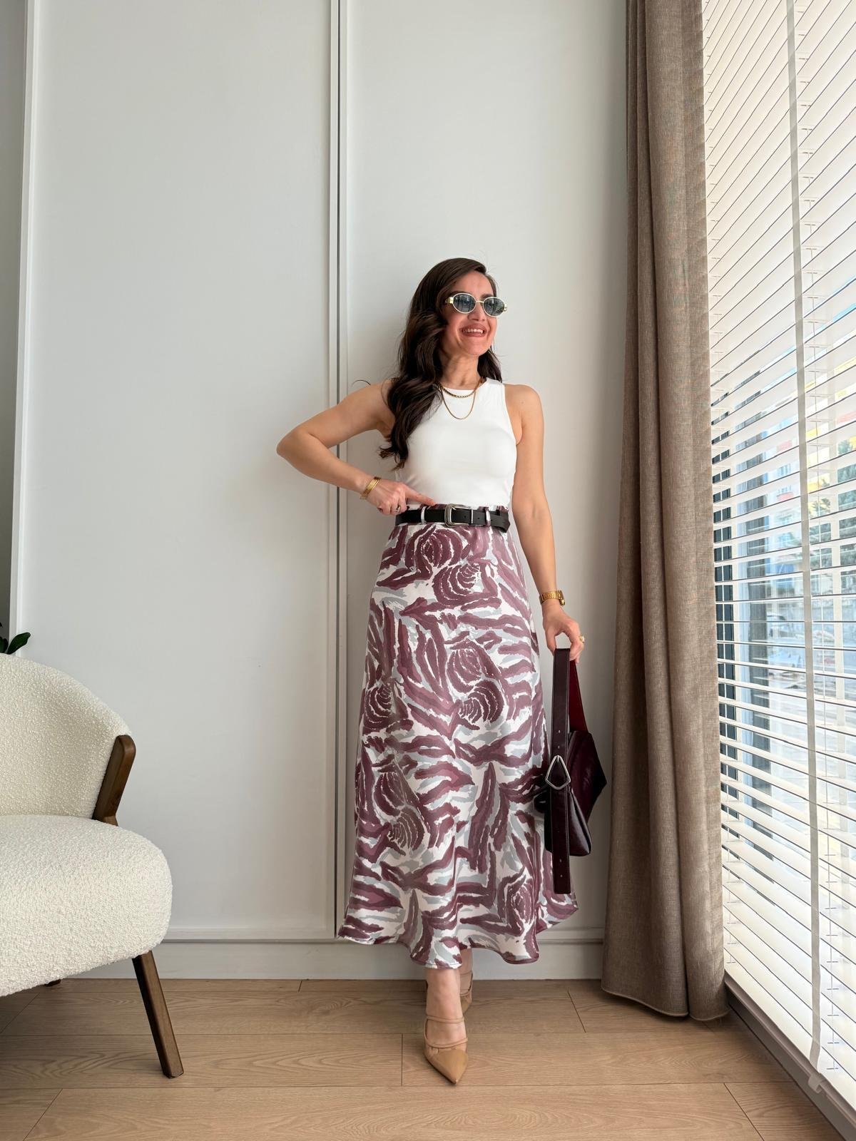 Bordo Desenli Kemerli Saten Etek 580305