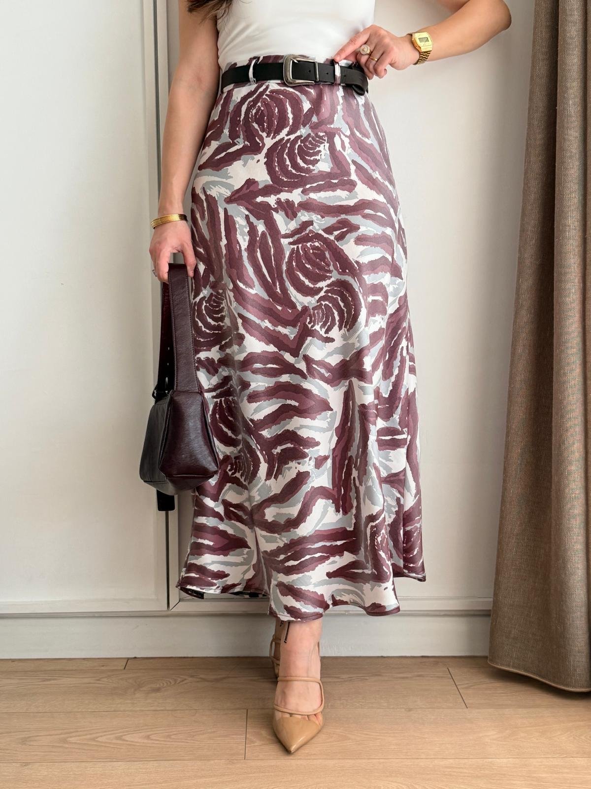 Bordo Desenli Kemerli Saten Etek 580305