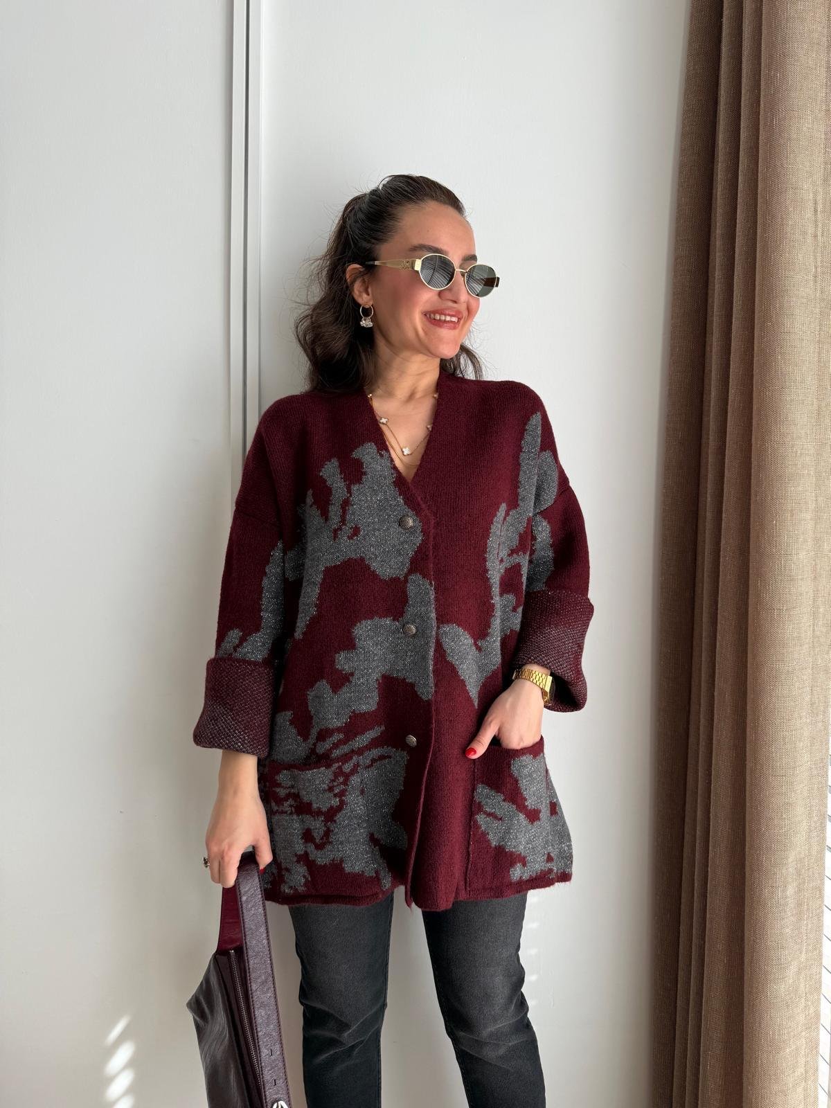Bordo Desenli Simli Triko Hırka 241142