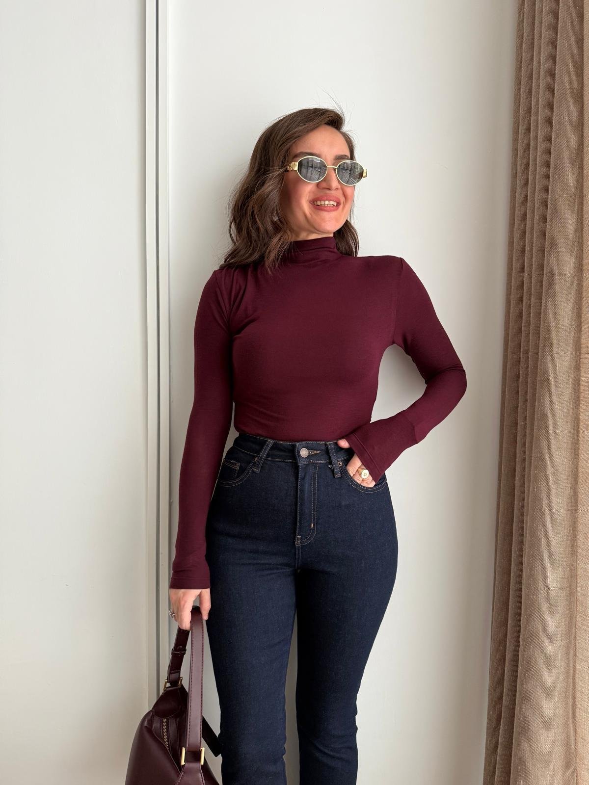 Bordo Dik Yaka Drape Detaylı Bluz 251004