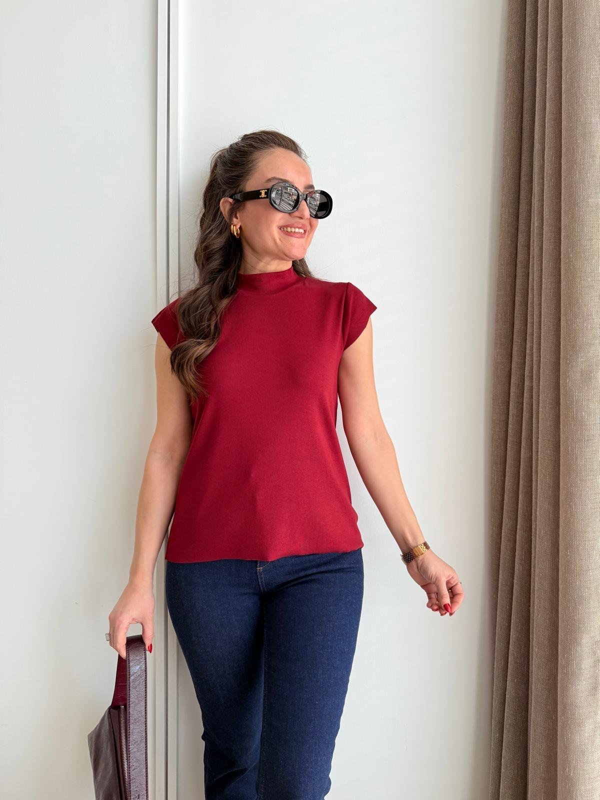Bordo Dik Yaka Kol Detaylı Bluz 5073