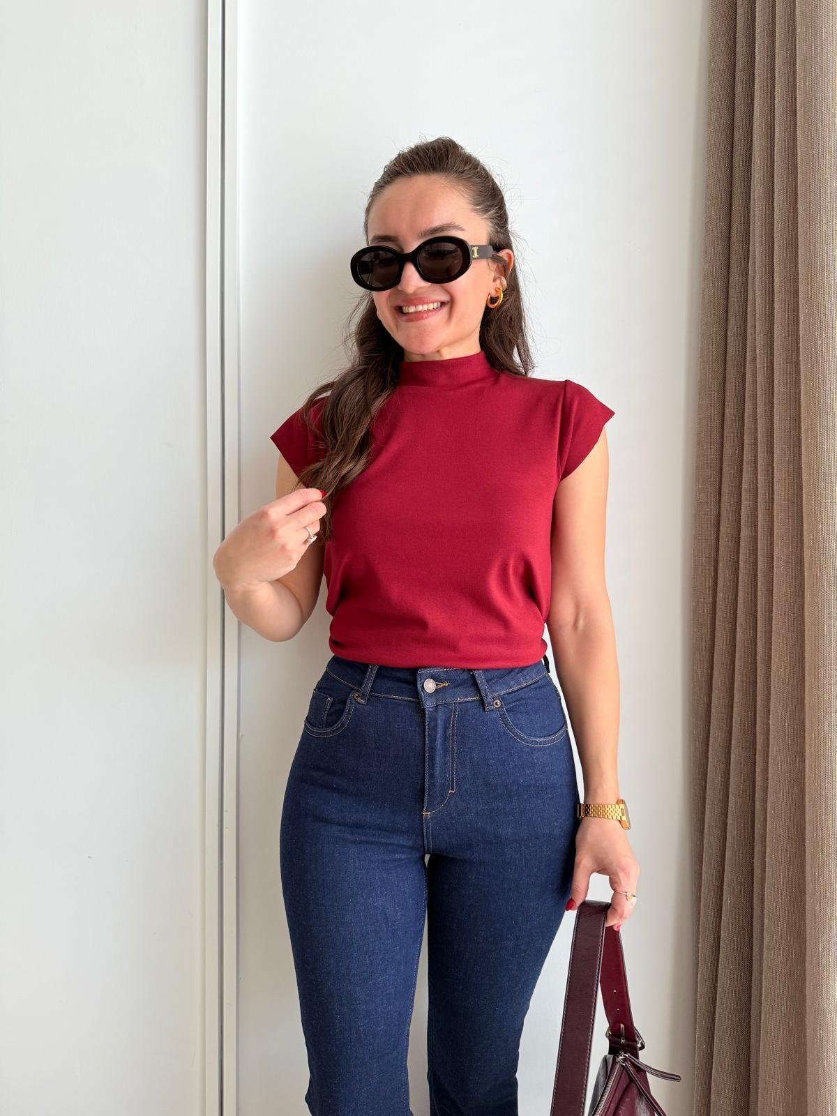 Bordo Dik Yaka Kol Detaylı Bluz 5073