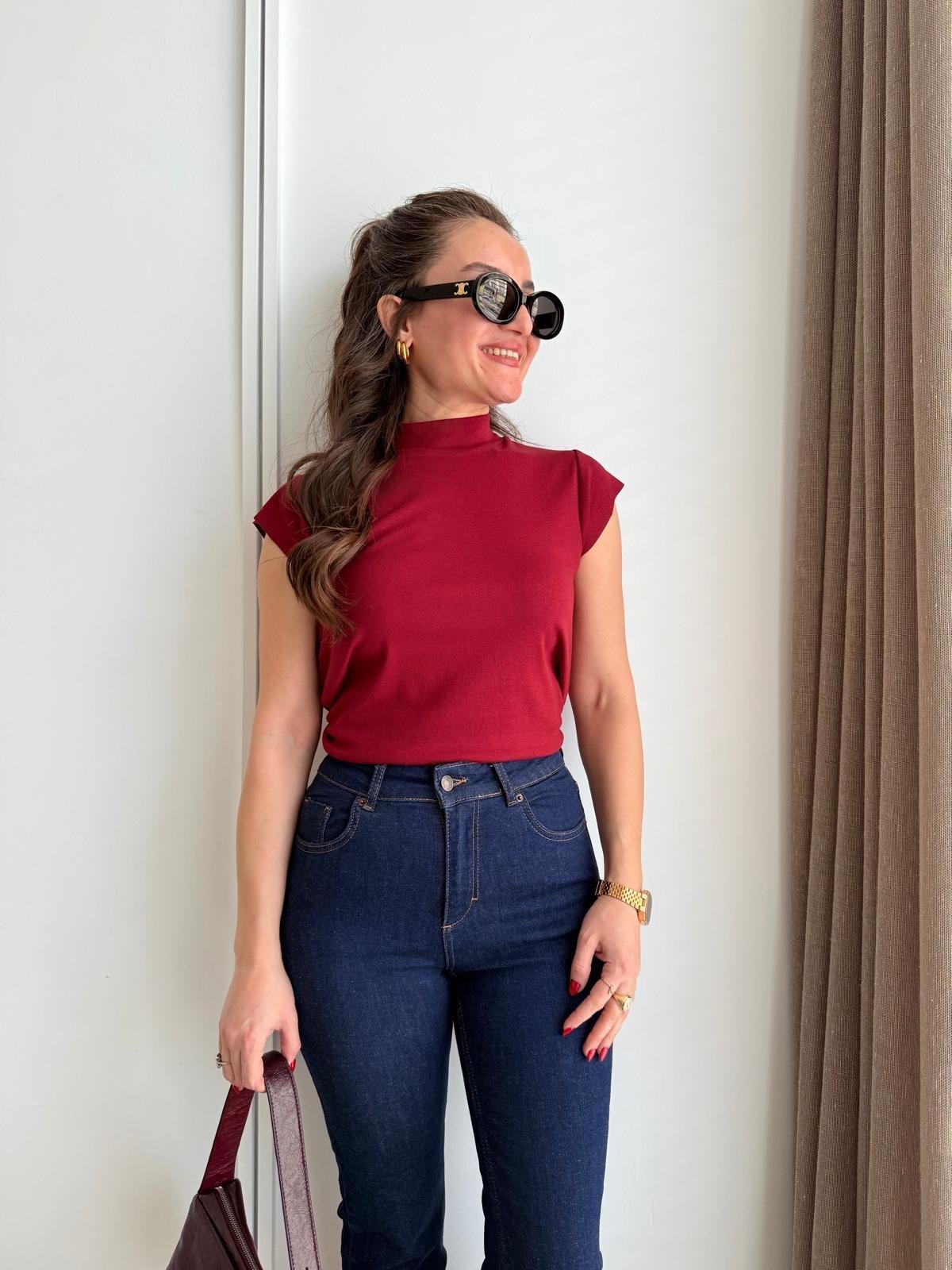 Bordo Dik Yaka Kol Detaylı Bluz 5073