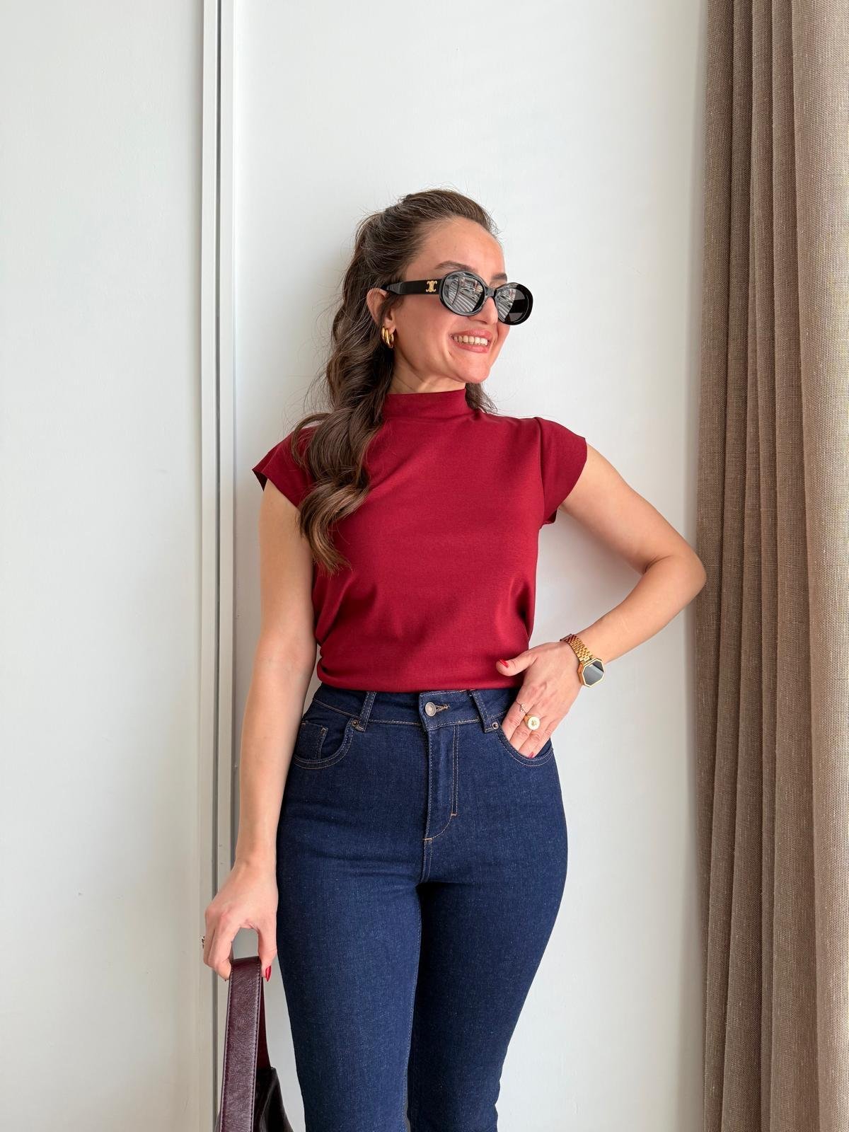 Bordo Dik Yaka Kol Detaylı Bluz 5073