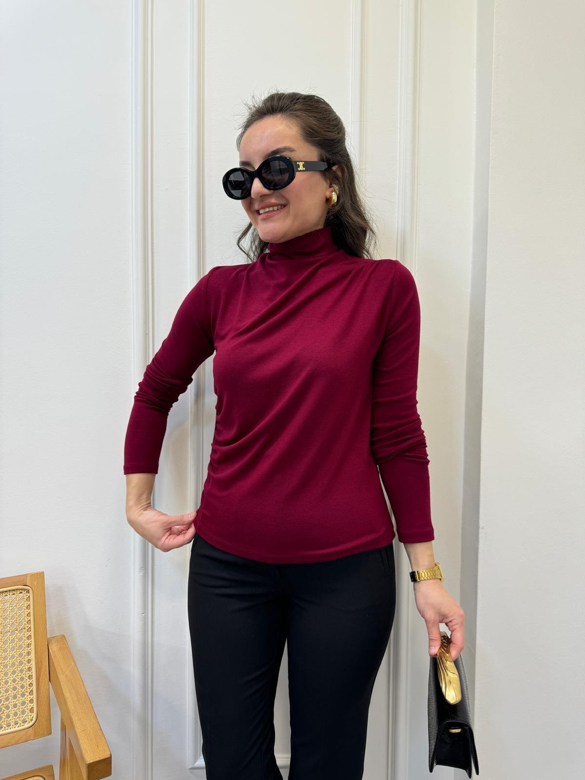 Bordo Dik Yaka Omuz Drapeli Bluz 16561