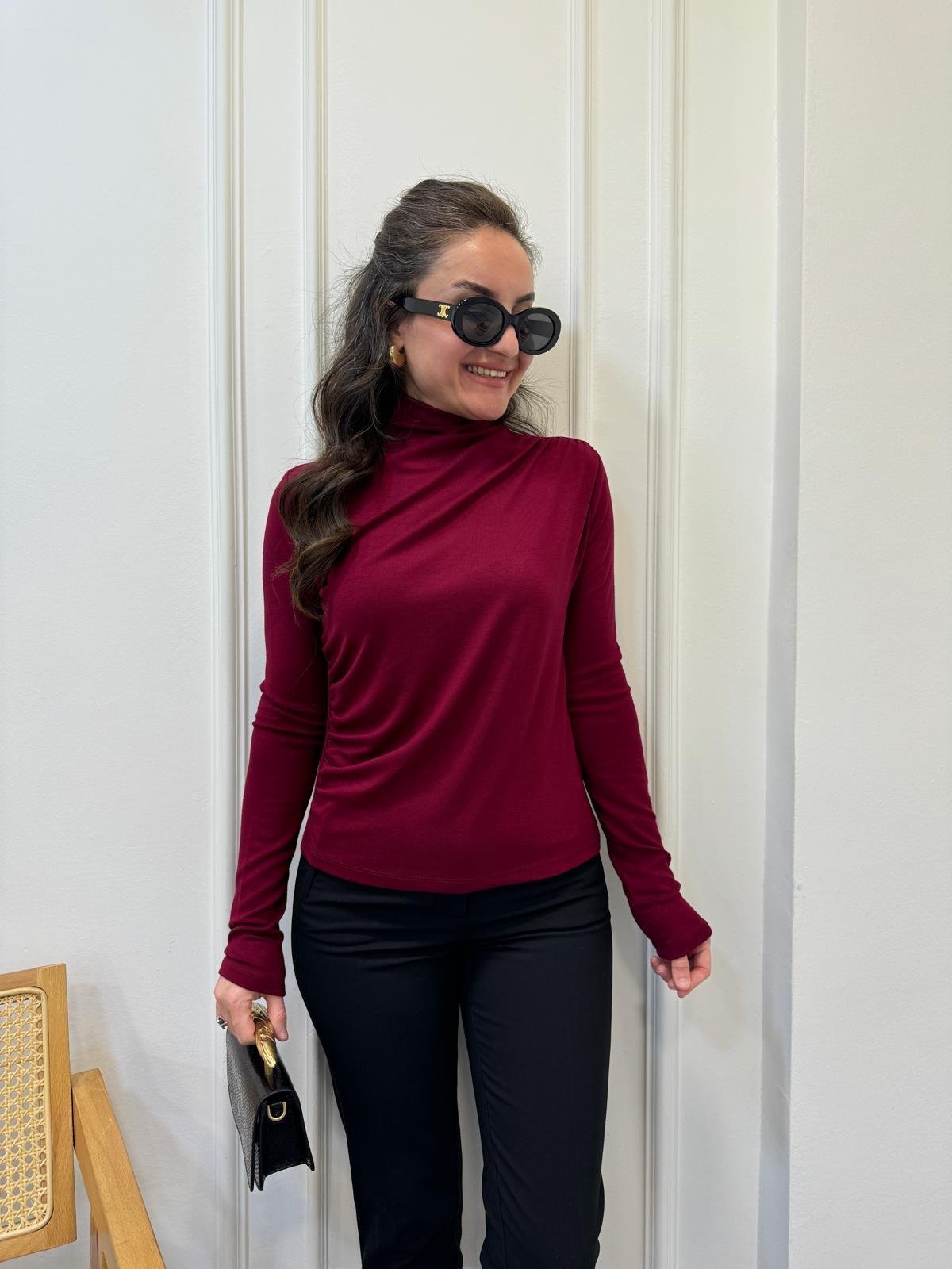 Bordo Dik Yaka Omuz Drapeli Bluz 16561