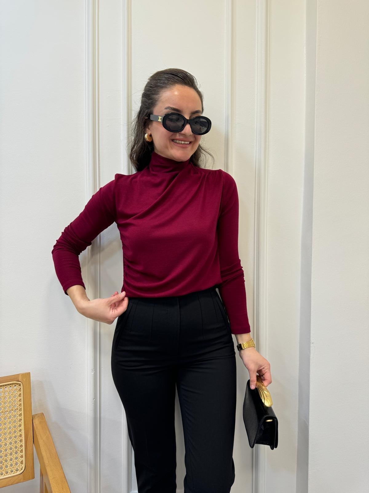 Bordo Dik Yaka Omuz Drapeli Bluz 16561