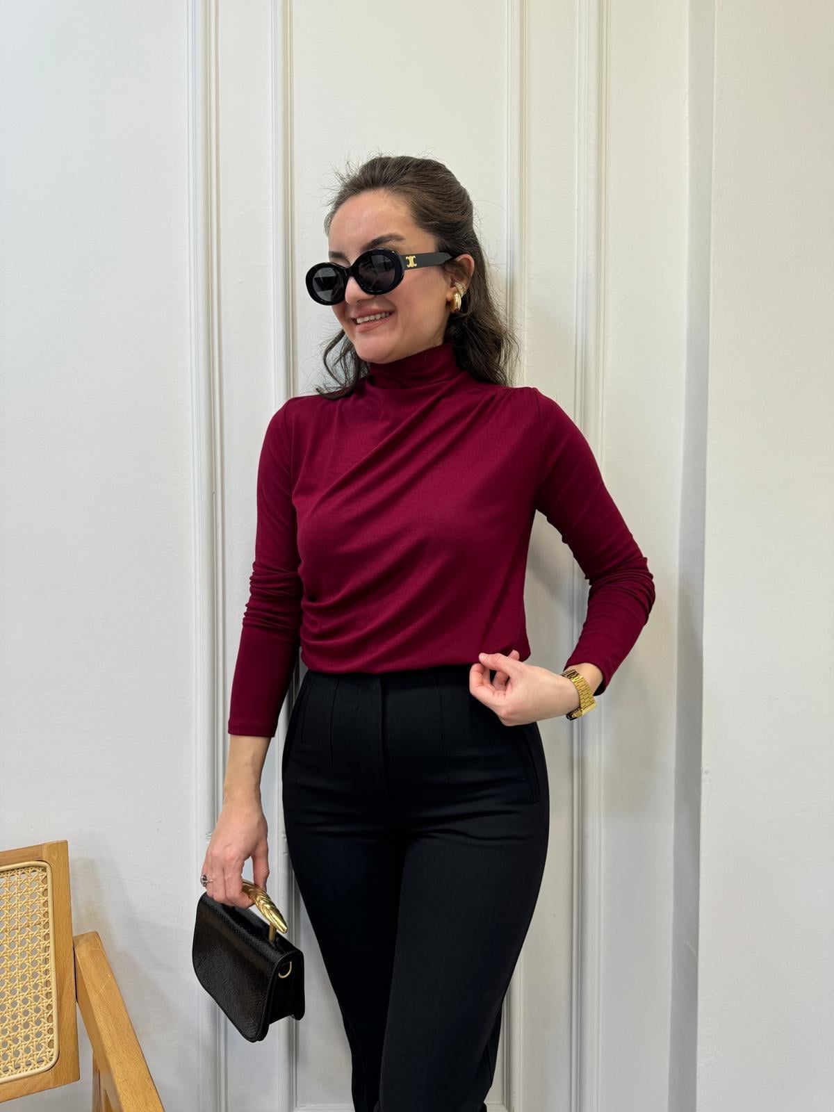 Bordo Dik Yaka Omuz Drapeli Bluz 16561