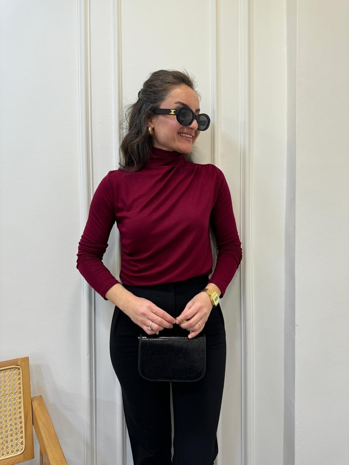 Bordo Dik Yaka Omuz Drapeli Bluz 16561