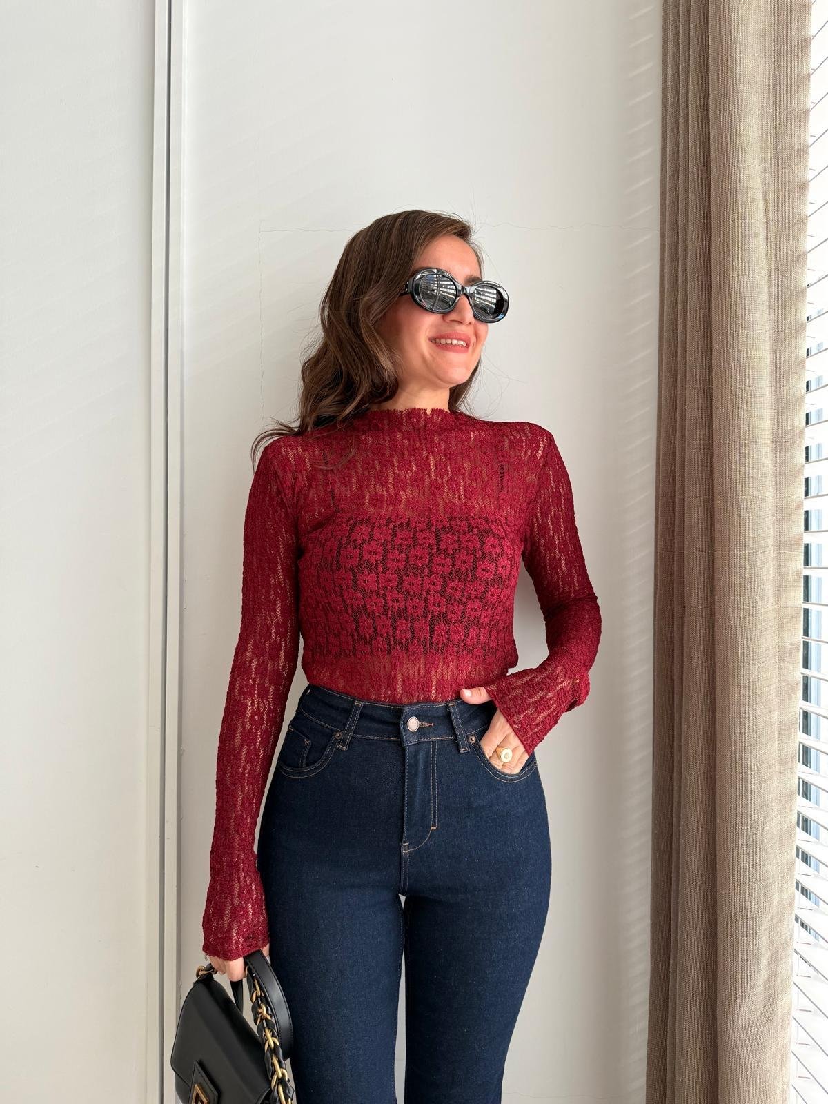 Bordo Dik Yaka Transparan Dantel Bluz 29710