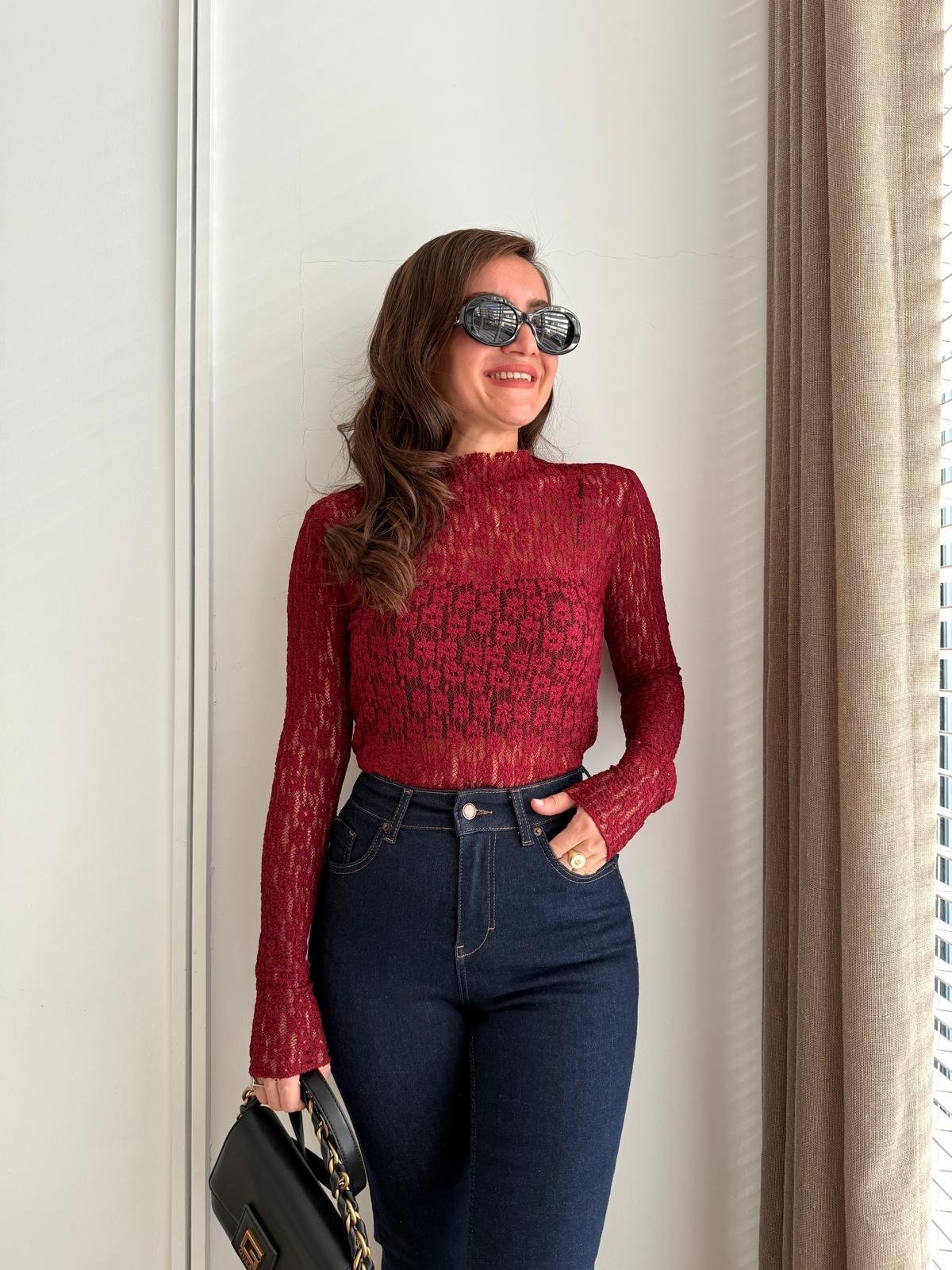 Bordo Dik Yaka Transparan Dantel Bluz 29710
