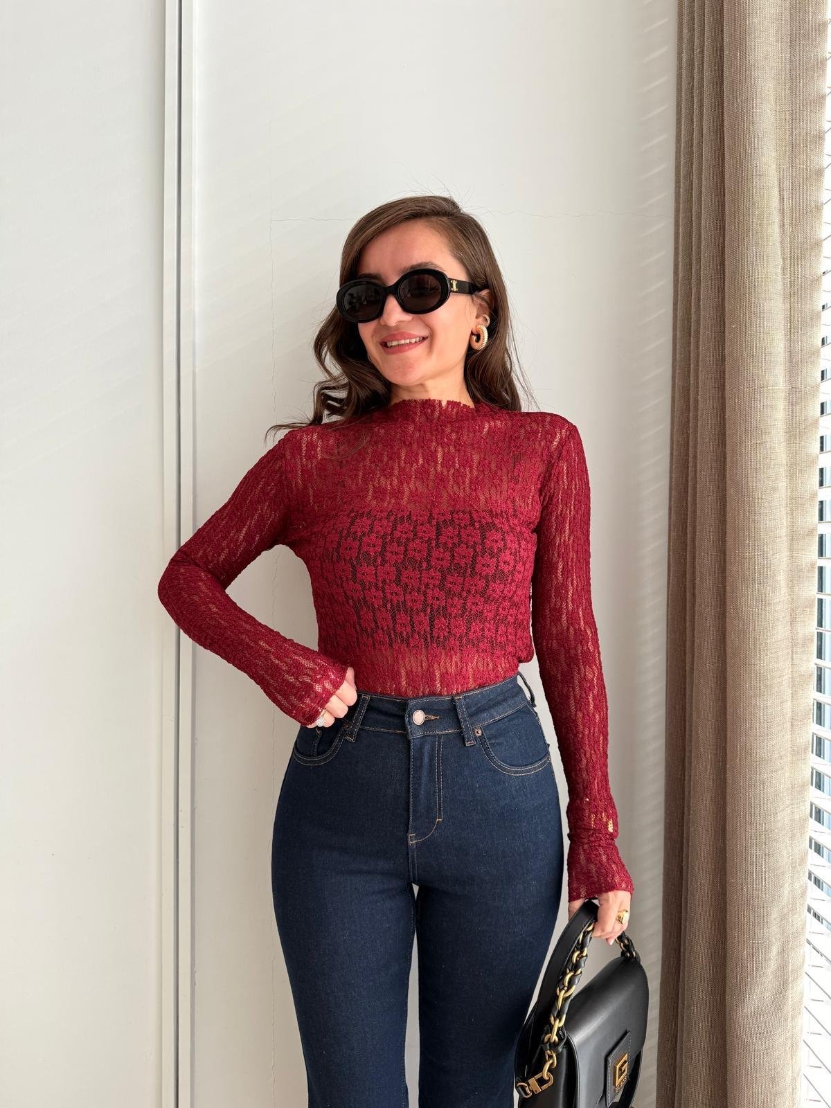 Bordo Dik Yaka Transparan Dantel Bluz 29710