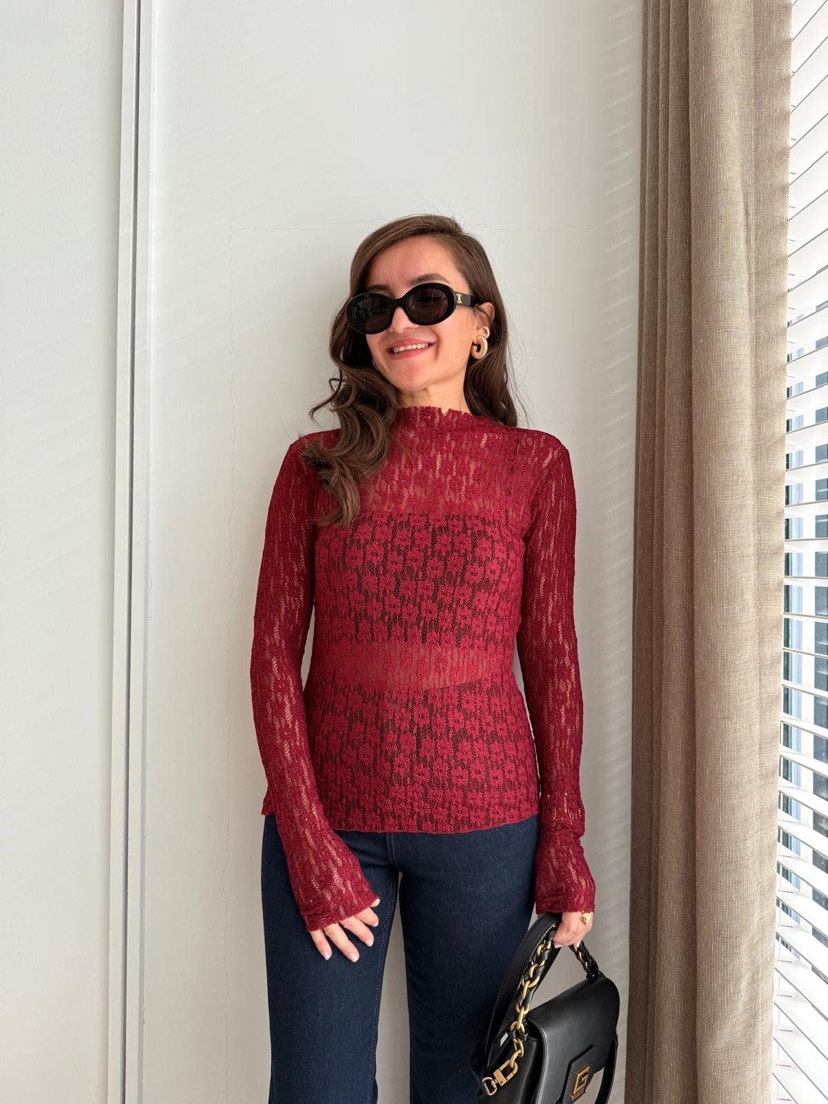 Bordo Dik Yaka Transparan Dantel Bluz 29710