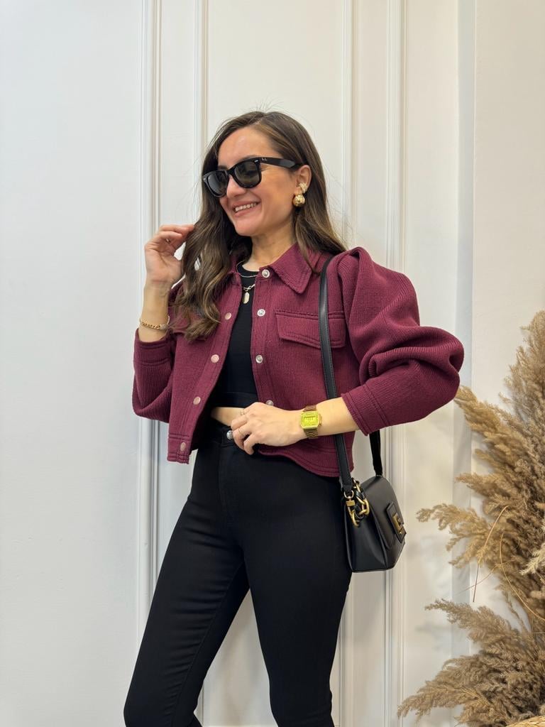 Bordo Dikiş Detaylı Triko Ceket 1099