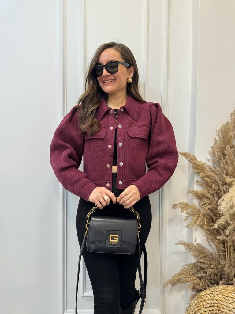 Bordo Dikiş Detaylı Triko Ceket 1099