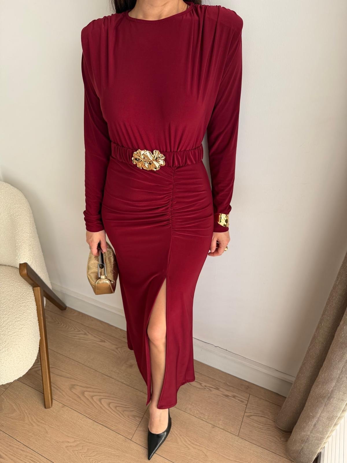 Bordo Drape Detaylı Kemerli Elbise 112114