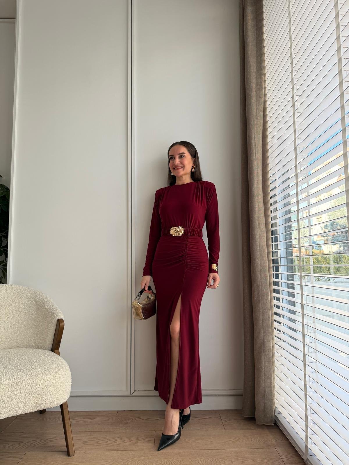 Bordo Drape Detaylı Kemerli Elbise 112114