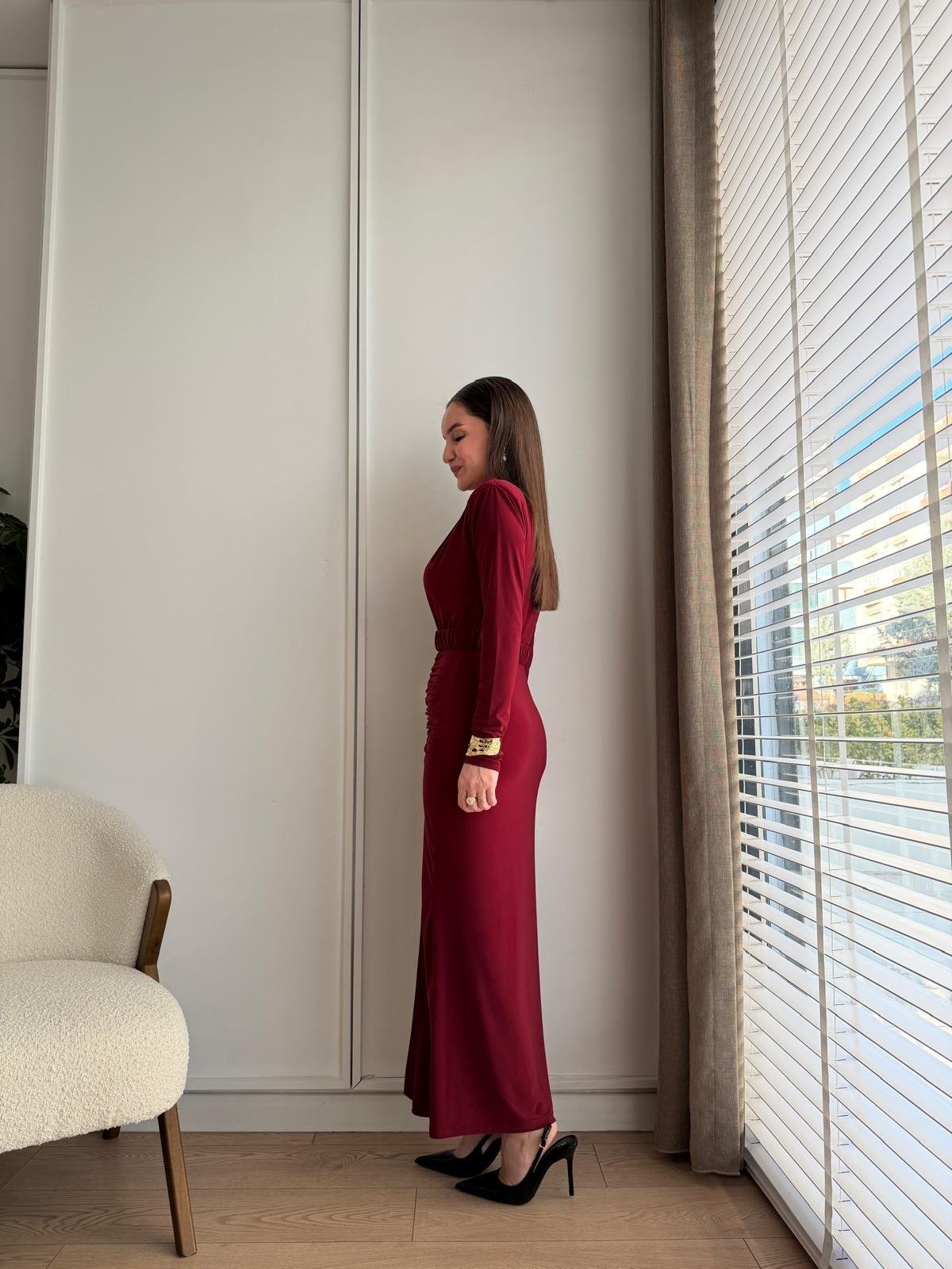 Bordo Drape Detaylı Kemerli Elbise 112114