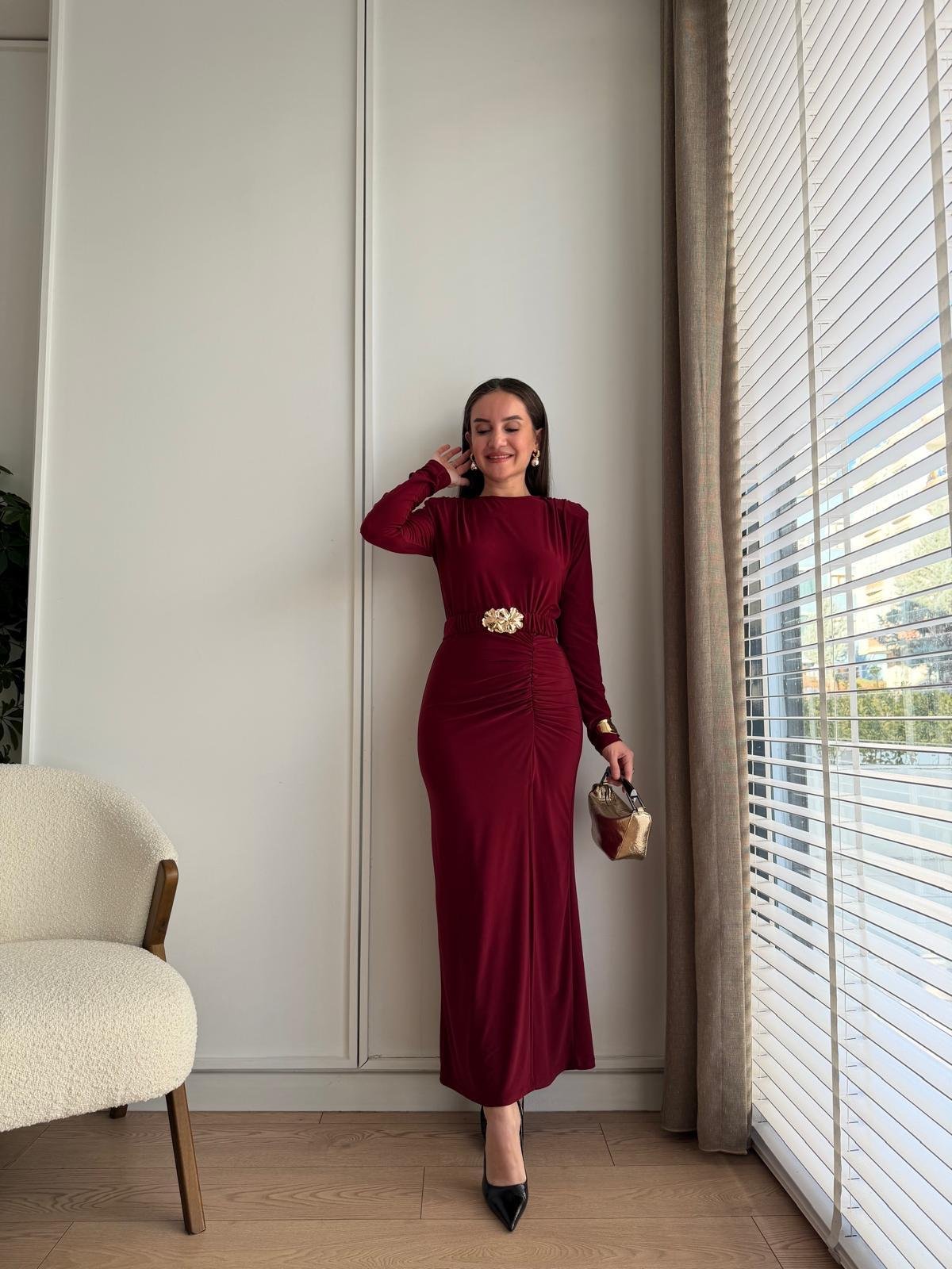 Bordo Drape Detaylı Kemerli Elbise 112114