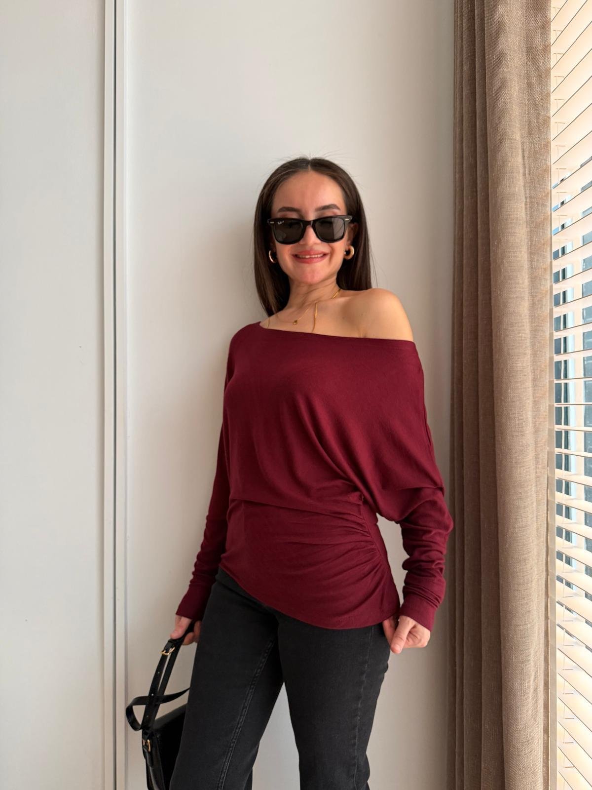 Bordo Drape Detaylı Yarasa Kol Bluz 251077