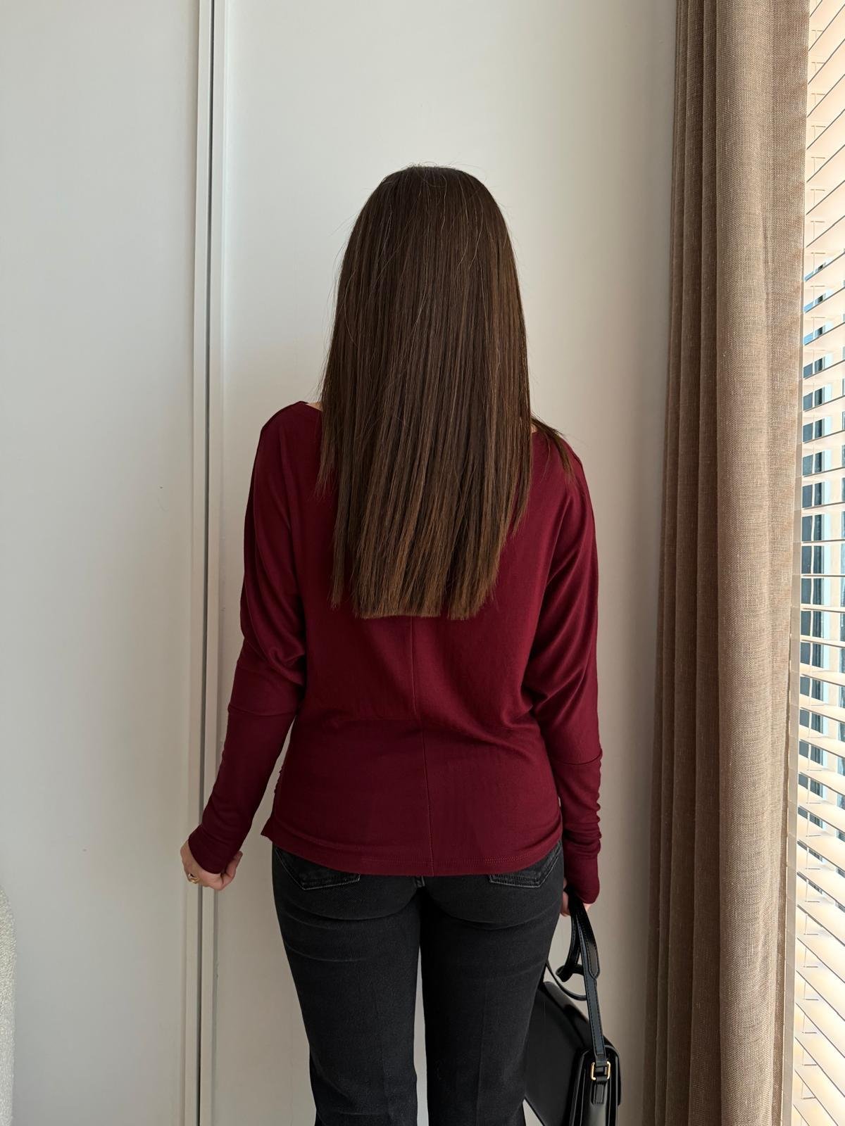 Bordo Drape Detaylı Yarasa Kol Bluz 251077