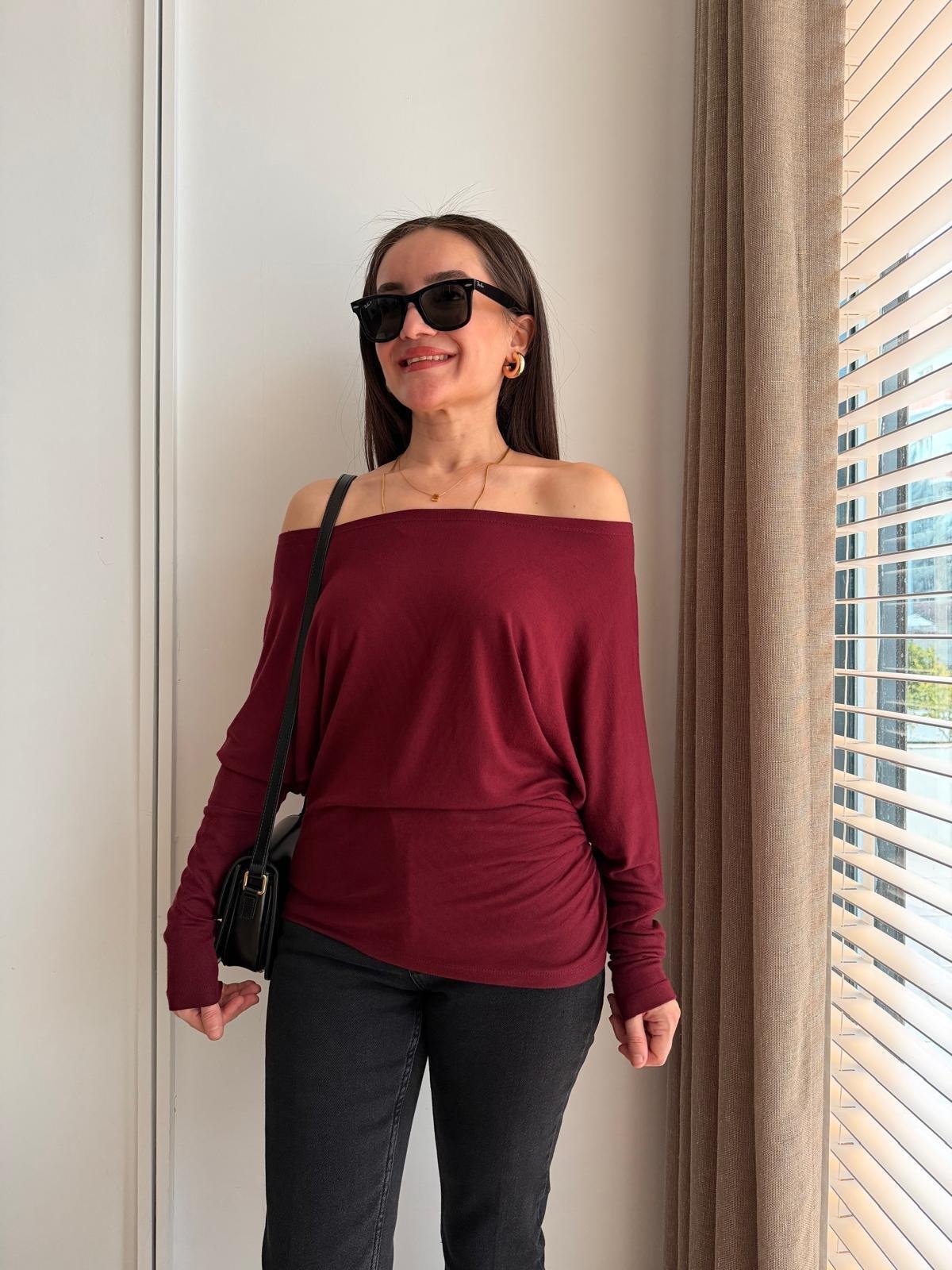 Bordo Drape Detaylı Yarasa Kol Bluz 251077