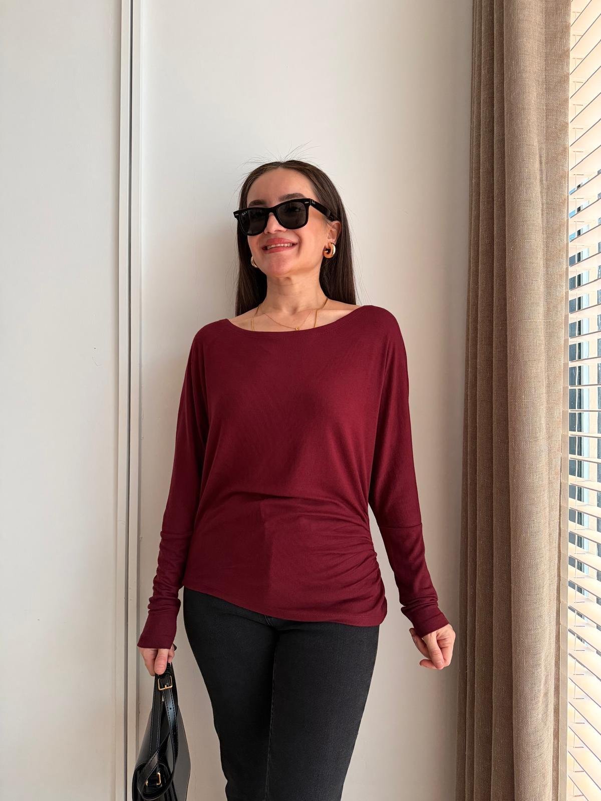 Bordo Drape Detaylı Yarasa Kol Bluz 251077