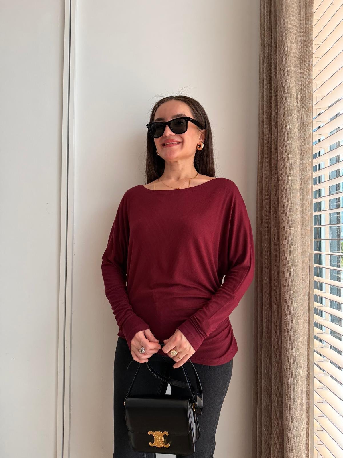 Bordo Drape Detaylı Yarasa Kol Bluz 251077