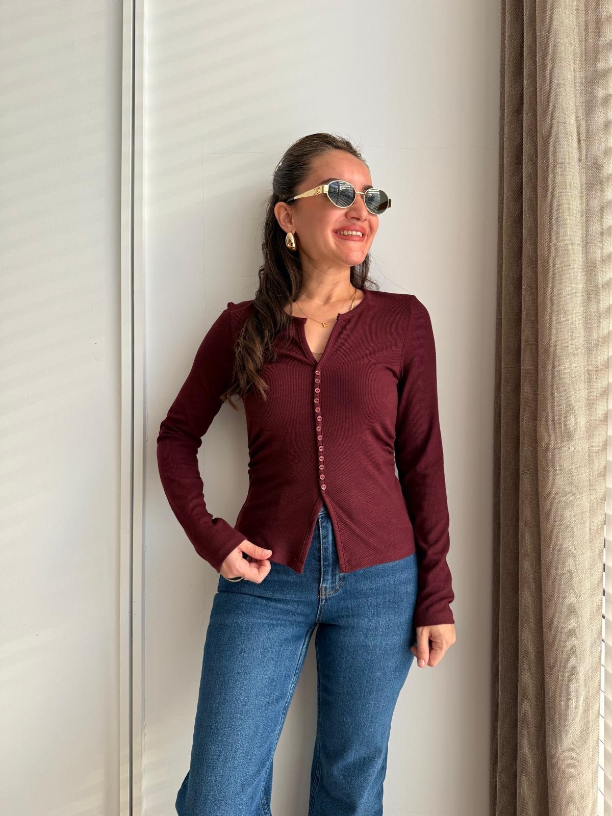 Bordo Düğme Detaylı Yan Drapeli Bluz 31548