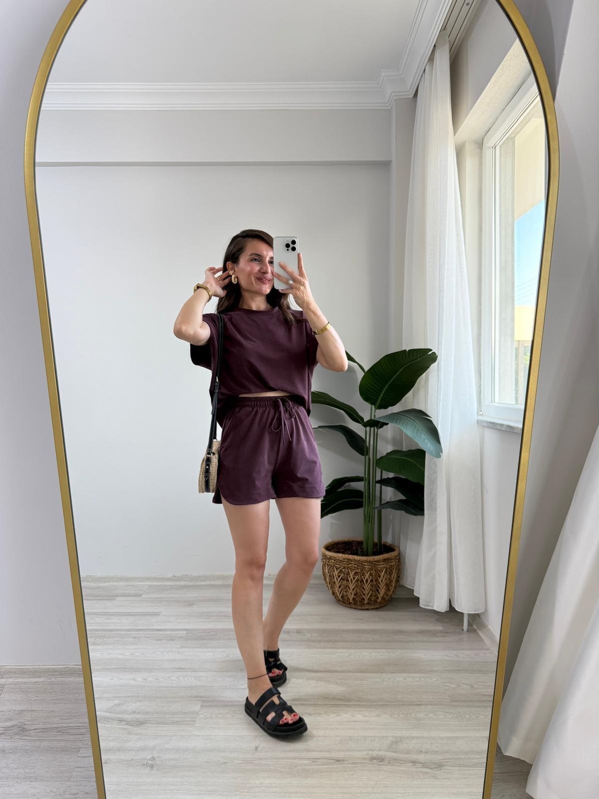 Bordo Düşük Omuz Bluz Şort Takım 7247
