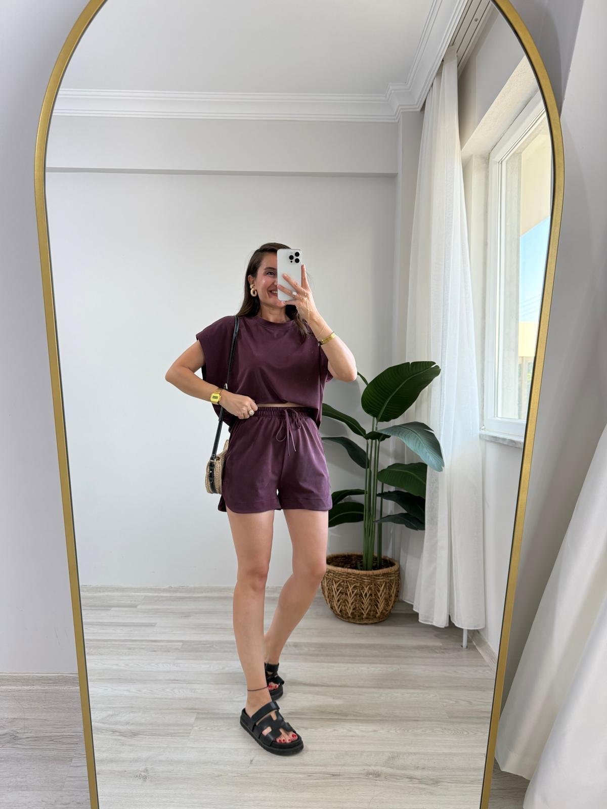 Bordo Düşük Omuz Bluz Şort Takım 7247