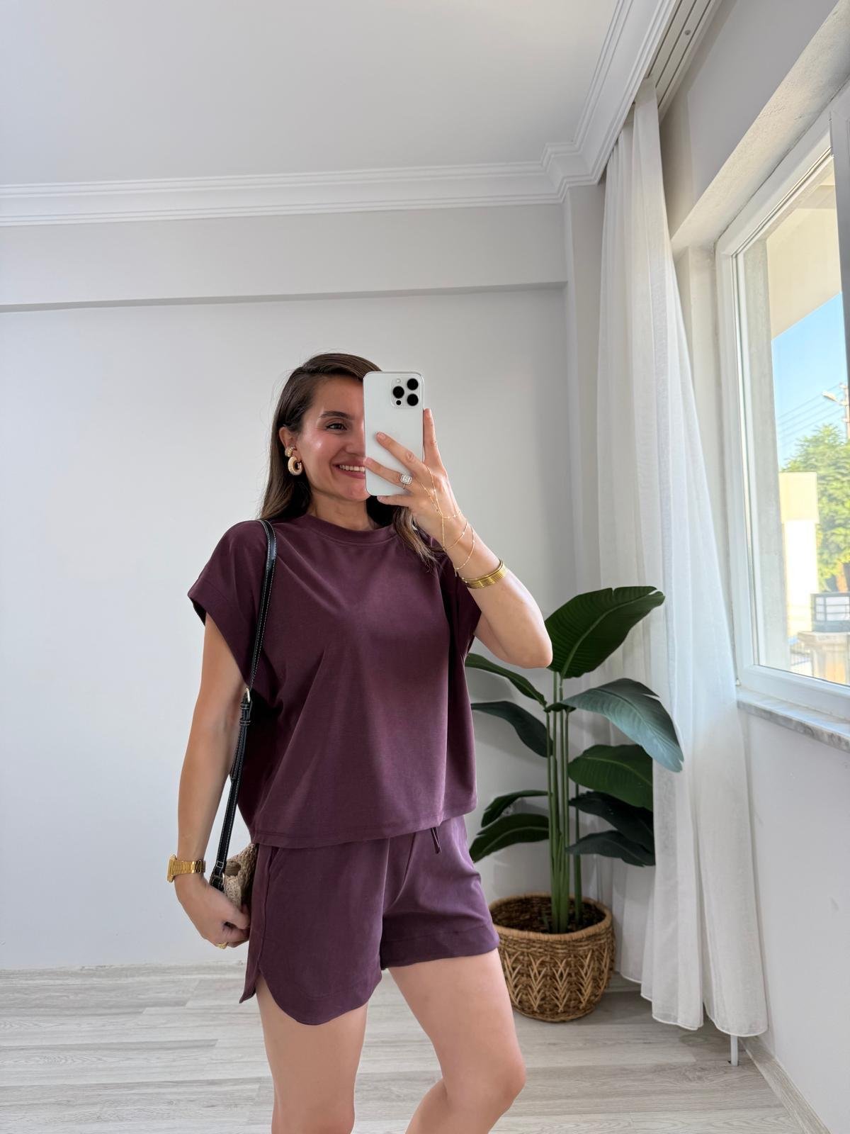 Bordo Düşük Omuz Bluz Şort Takım 7247