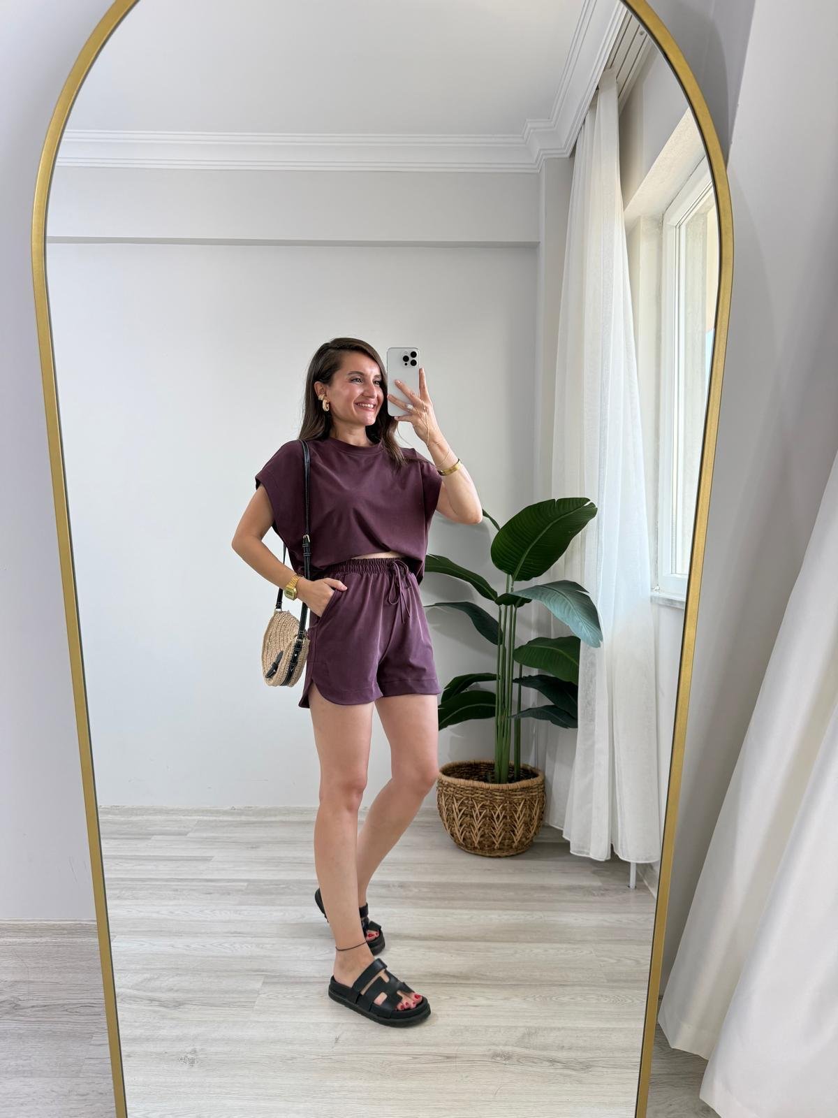 Bordo Düşük Omuz Bluz Şort Takım 7247